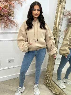 KIRA SAND ROUCHED SLEEVE HOODY