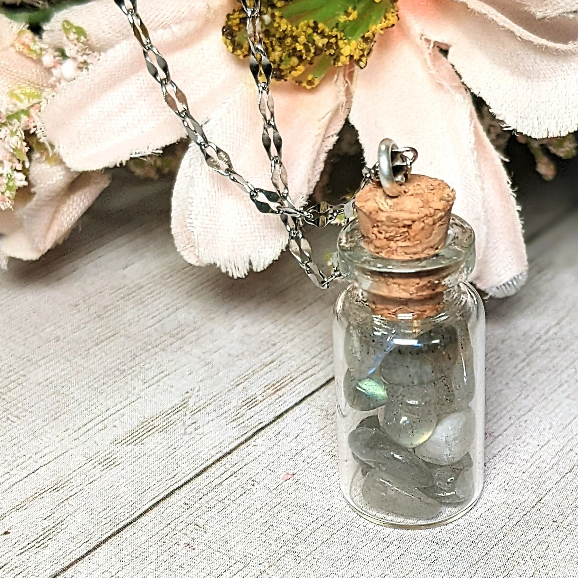 Labradorite Gemstone Bottle Necklace, 20 or 24 inch, Silver/Gold