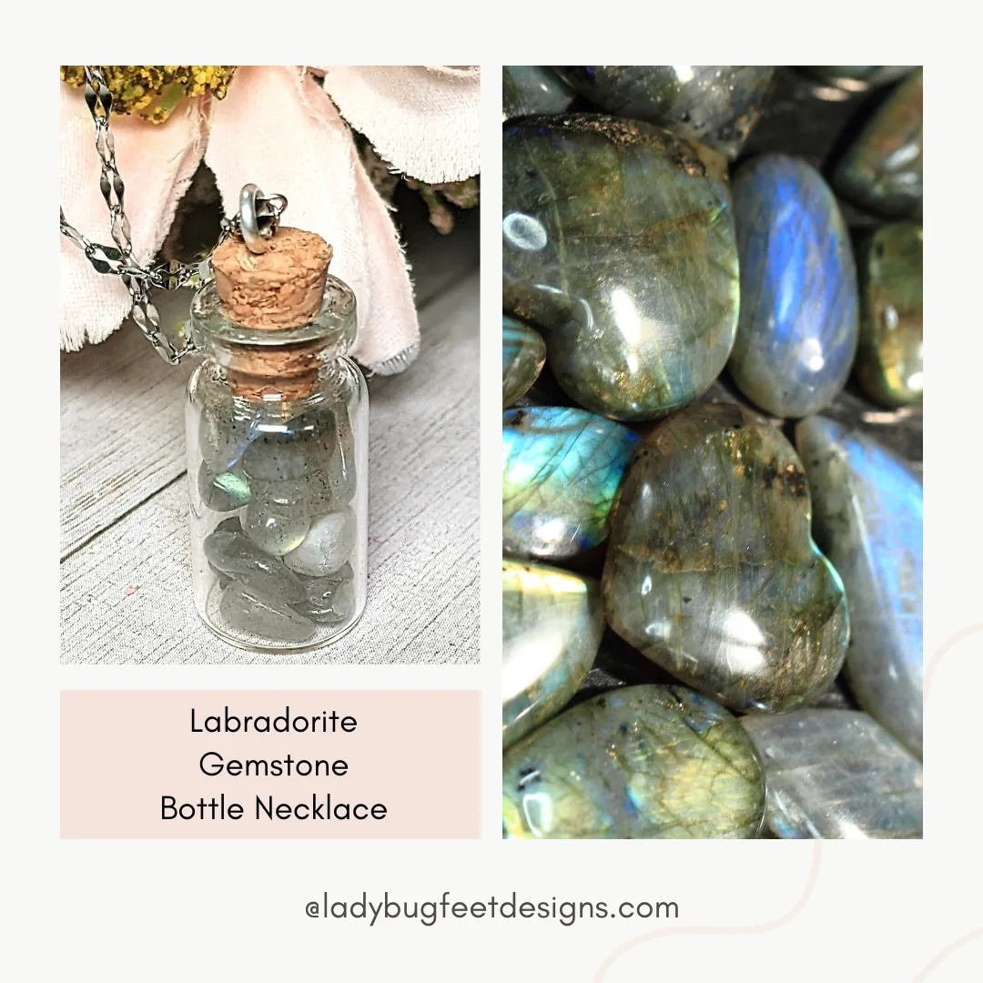 Labradorite Gemstone Bottle Necklace, 20 or 24 inch, Silver/Gold