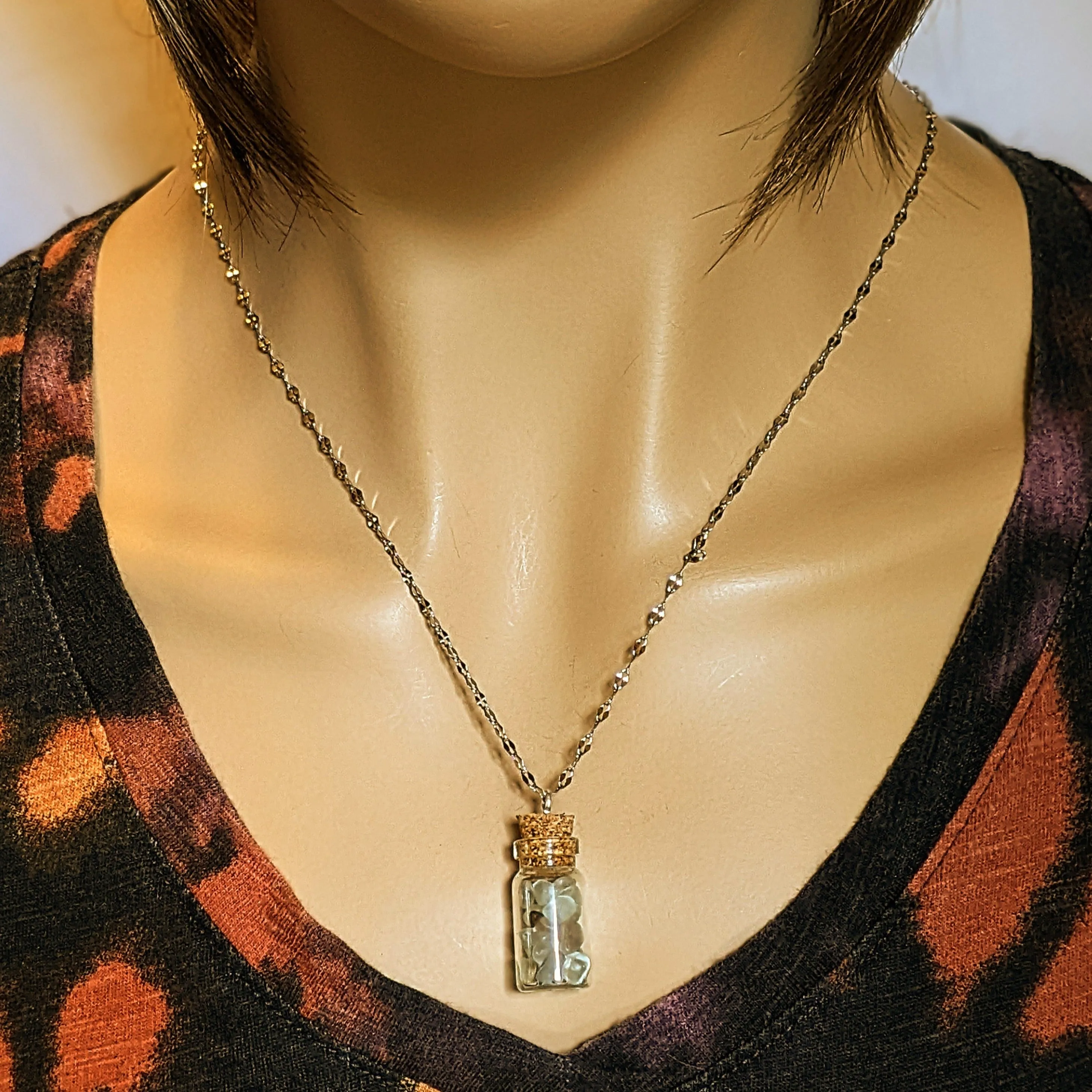 Labradorite Gemstone Bottle Necklace, 20 or 24 inch, Silver/Gold