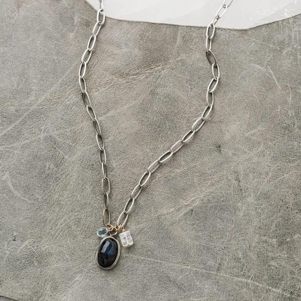 Labradorite Oval Necklace with Swiss Blue Topaz and Moonstone