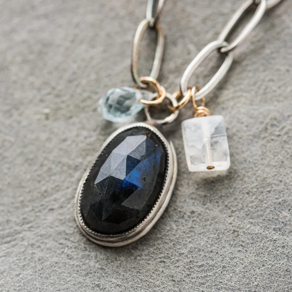 Labradorite Oval Necklace with Swiss Blue Topaz and Moonstone