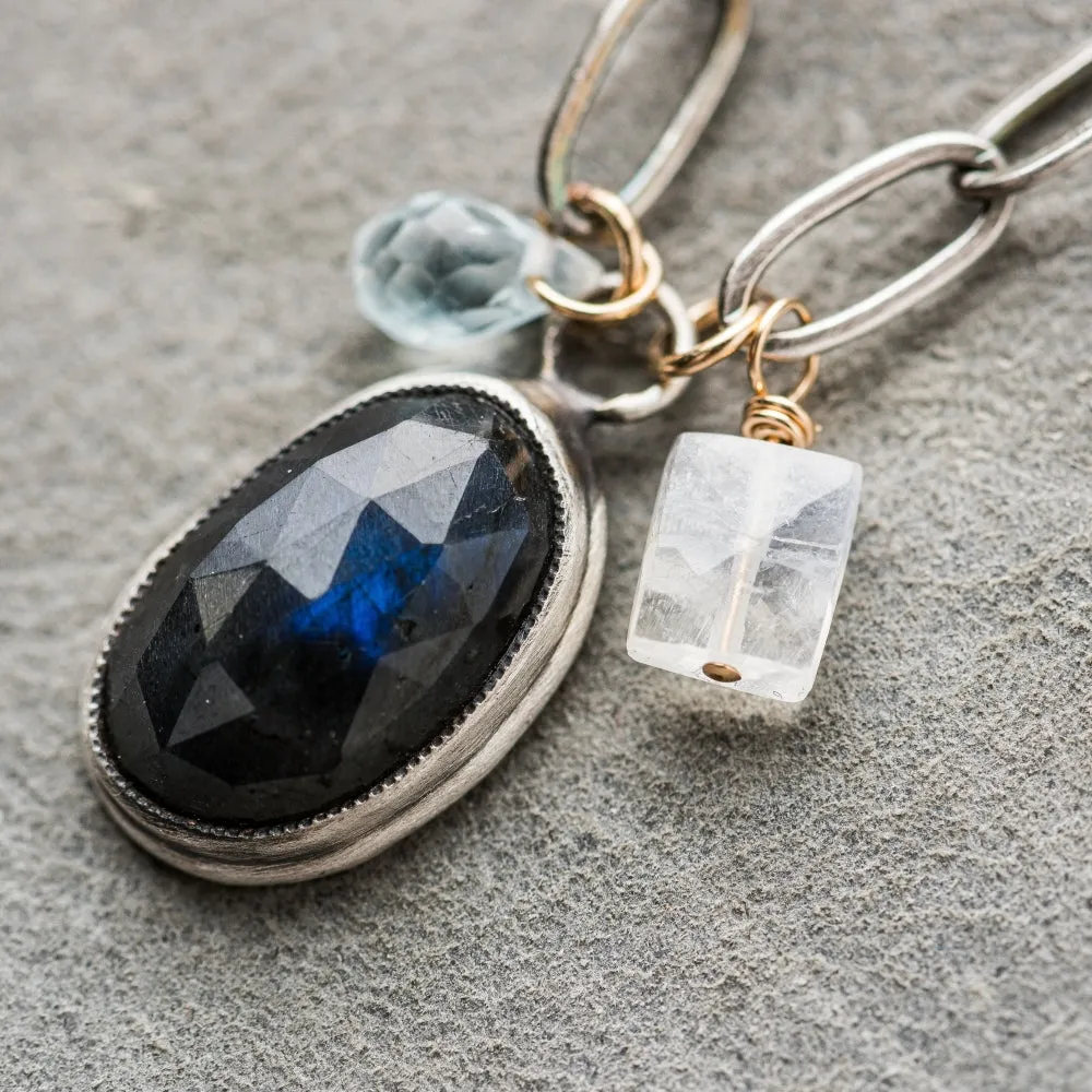 Labradorite Oval Necklace with Swiss Blue Topaz and Moonstone