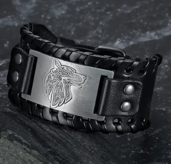 Leather Buckle Arm Cuff With Fenrir Design