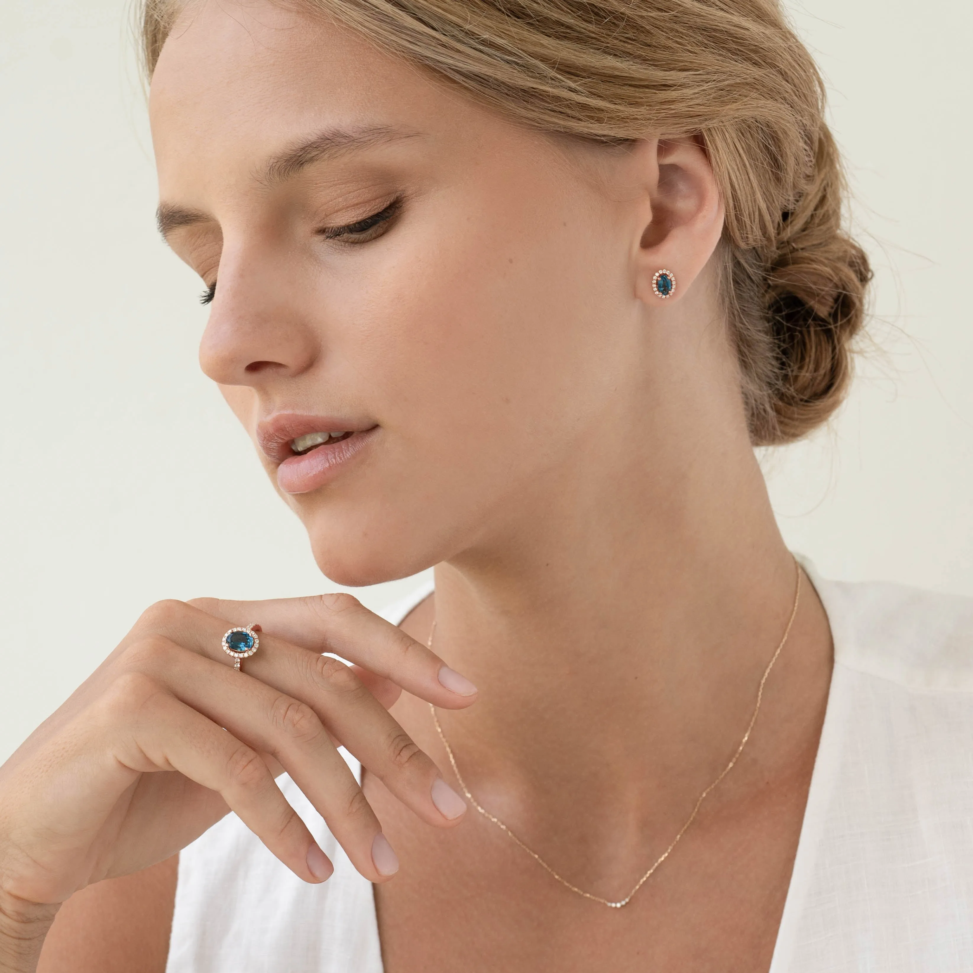 London Blue Topaz Halo Stud Earrings Rose Gold - Marzia