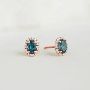 London Blue Topaz Halo Stud Earrings Rose Gold - Marzia