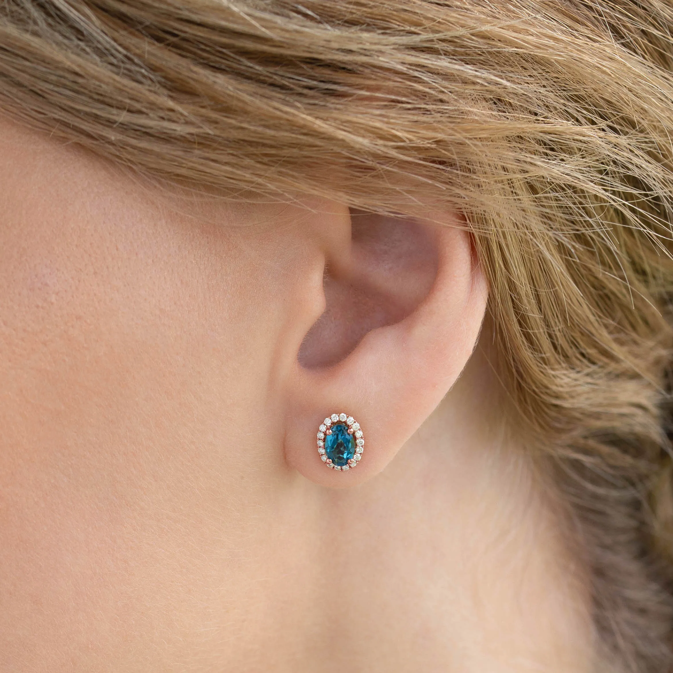 London Blue Topaz Halo Stud Earrings Rose Gold - Marzia