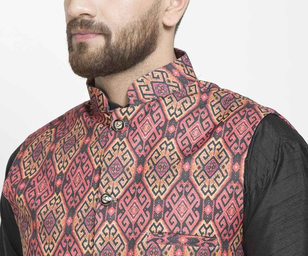 Men's Coral Red & Black Printed Nehru Jacket - Benstoke