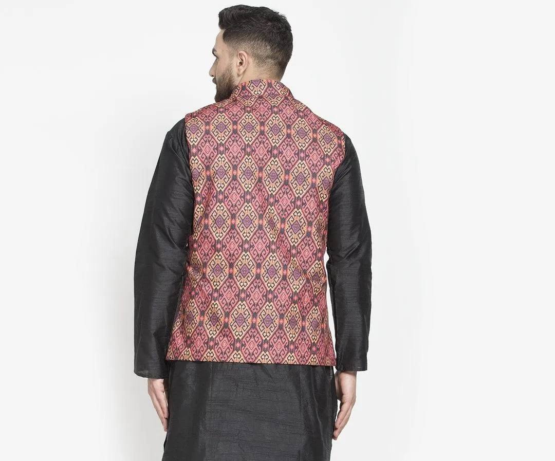 Men's Coral Red & Black Printed Nehru Jacket - Benstoke