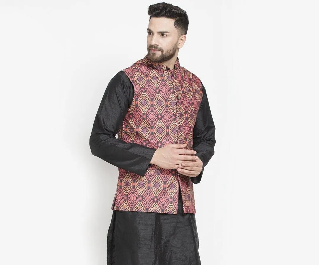Men's Coral Red & Black Printed Nehru Jacket - Benstoke
