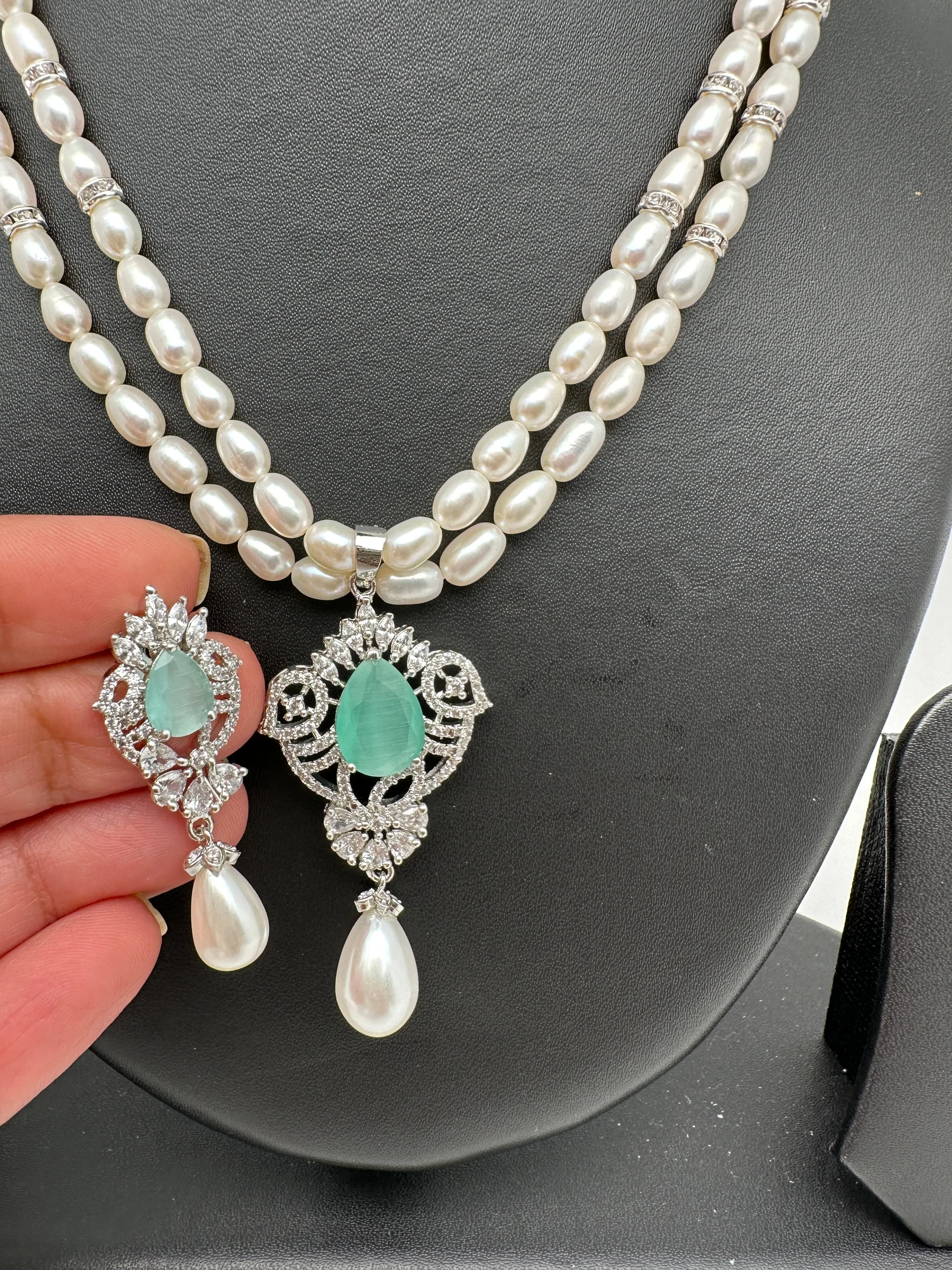 Mint Green Stone AD Pendent Double Line Real Kalagi Freshwater Pearls Necklace