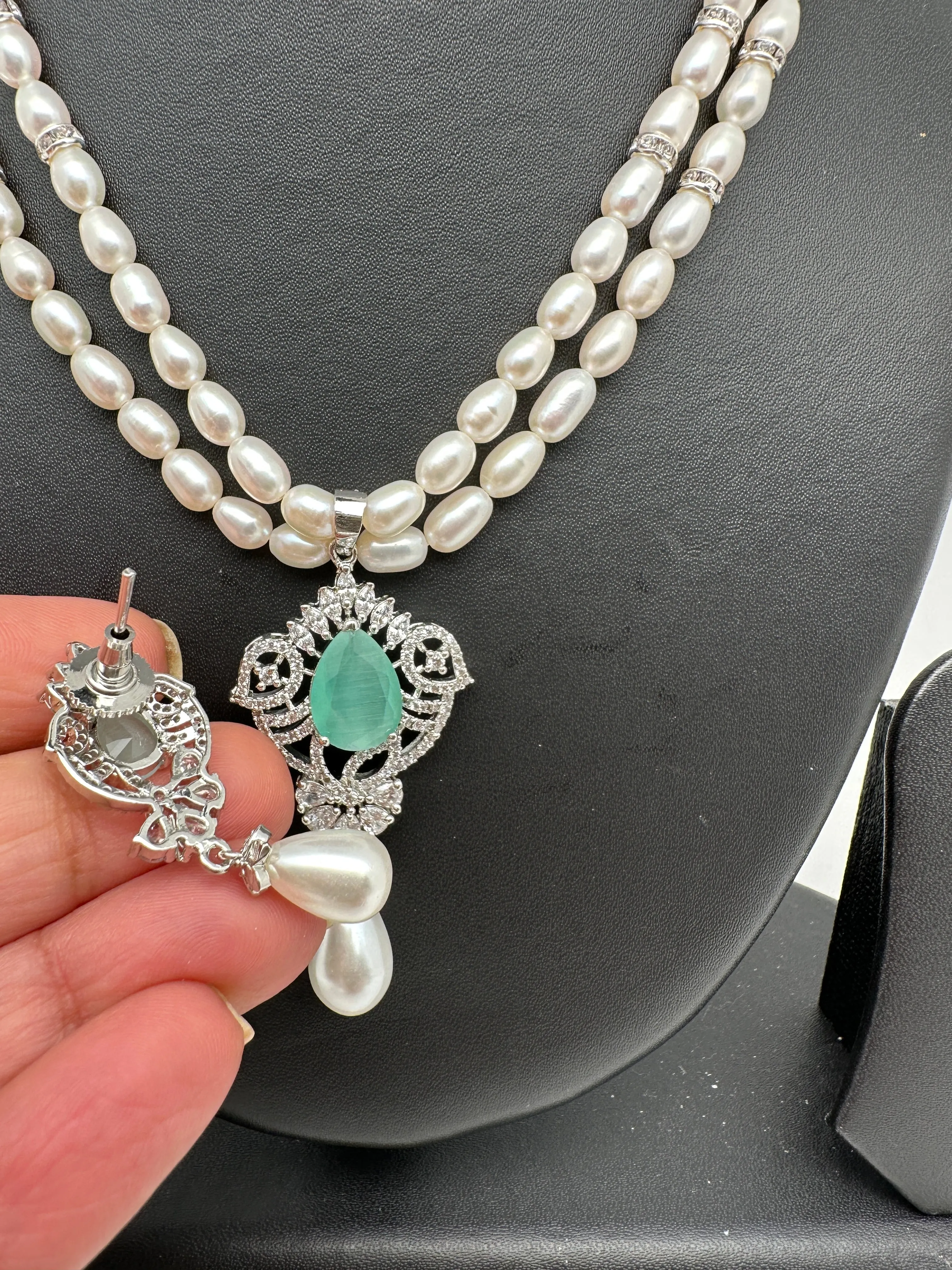 Mint Green Stone AD Pendent Double Line Real Kalagi Freshwater Pearls Necklace