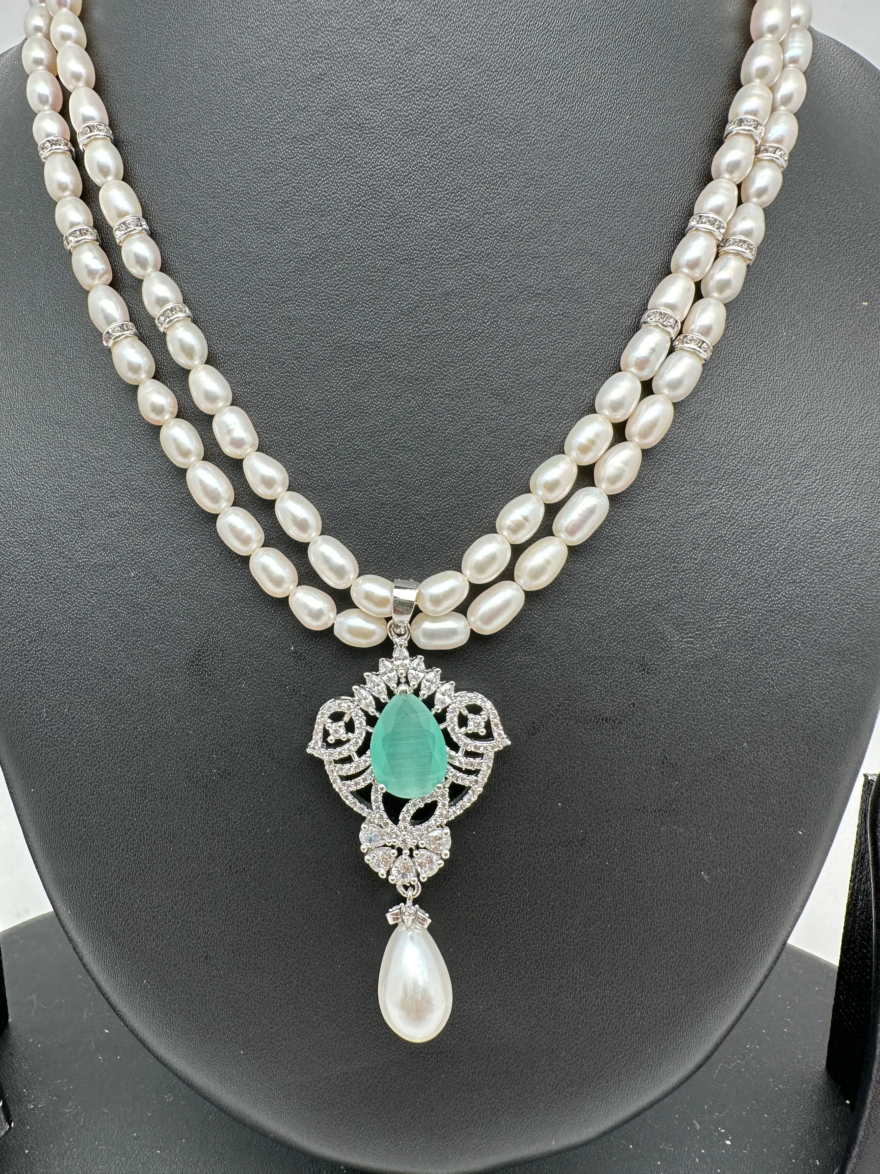 Mint Green Stone AD Pendent Double Line Real Kalagi Freshwater Pearls Necklace