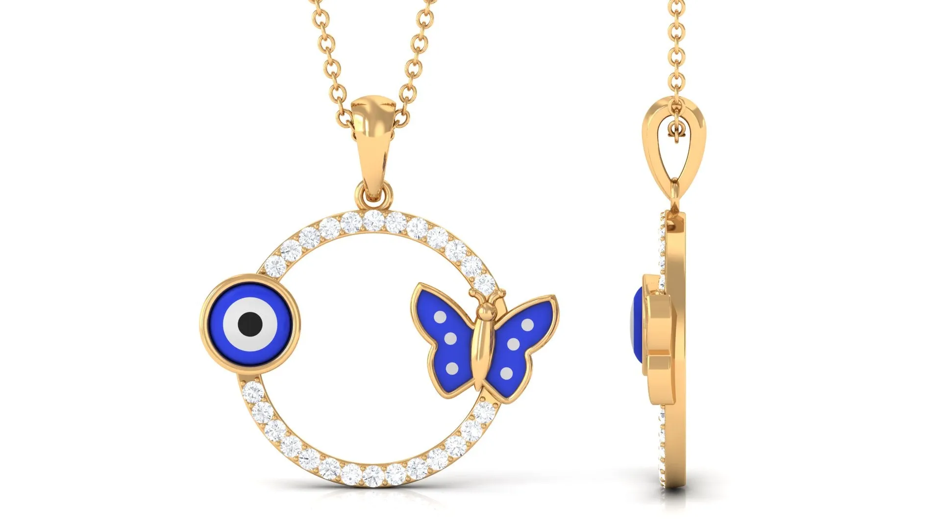Moissanite Eternity Pendant with Enameled Evil Eye and Butterfly