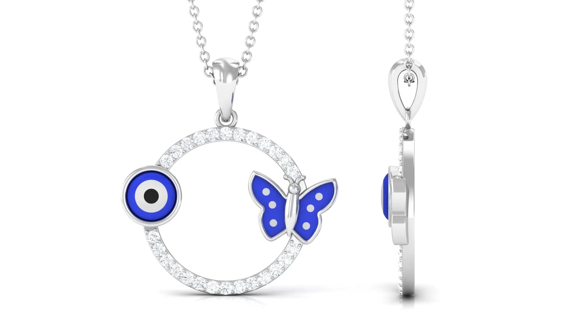 Moissanite Eternity Pendant with Enameled Evil Eye and Butterfly