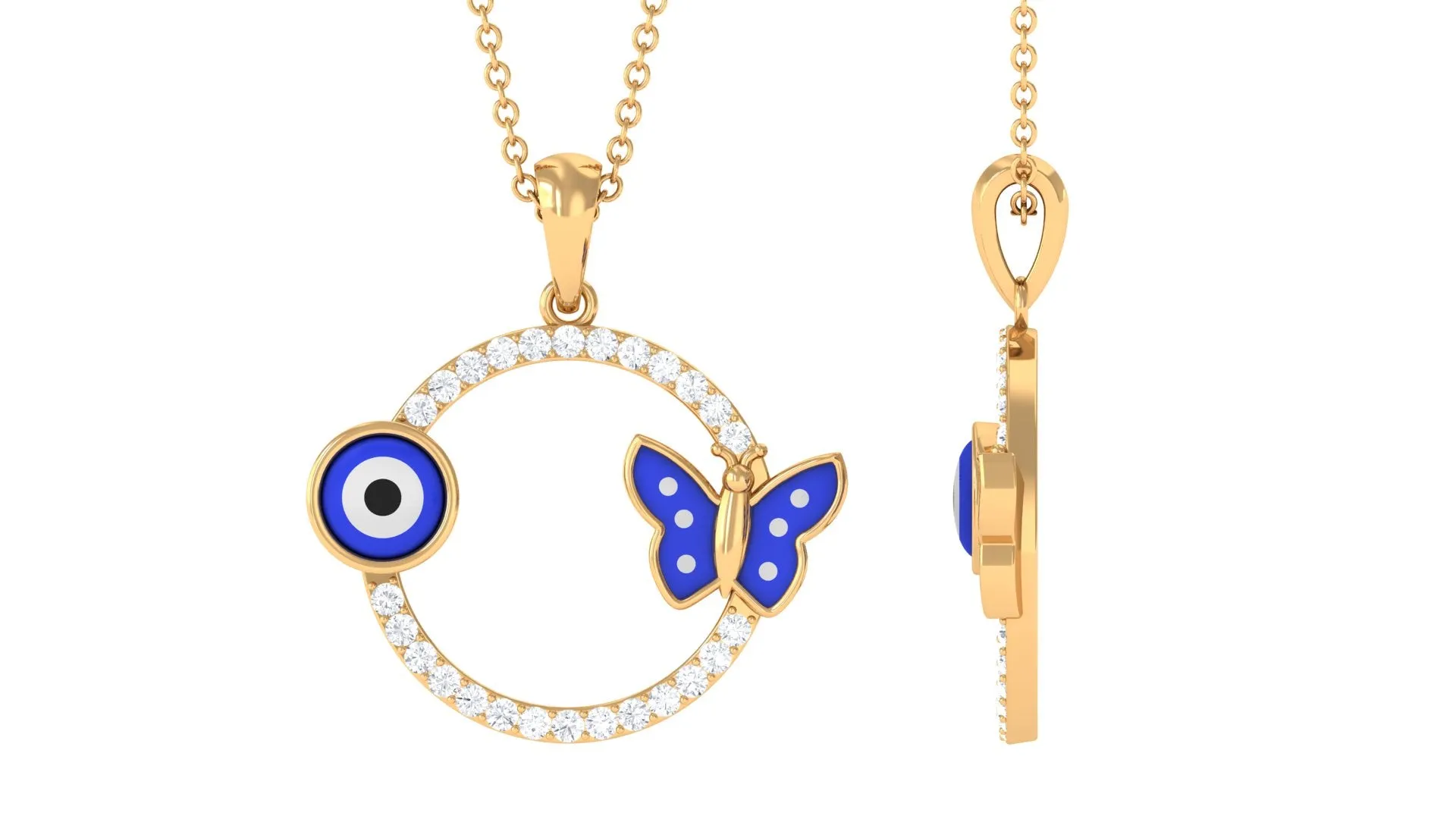 Moissanite Eternity Pendant with Enameled Evil Eye and Butterfly
