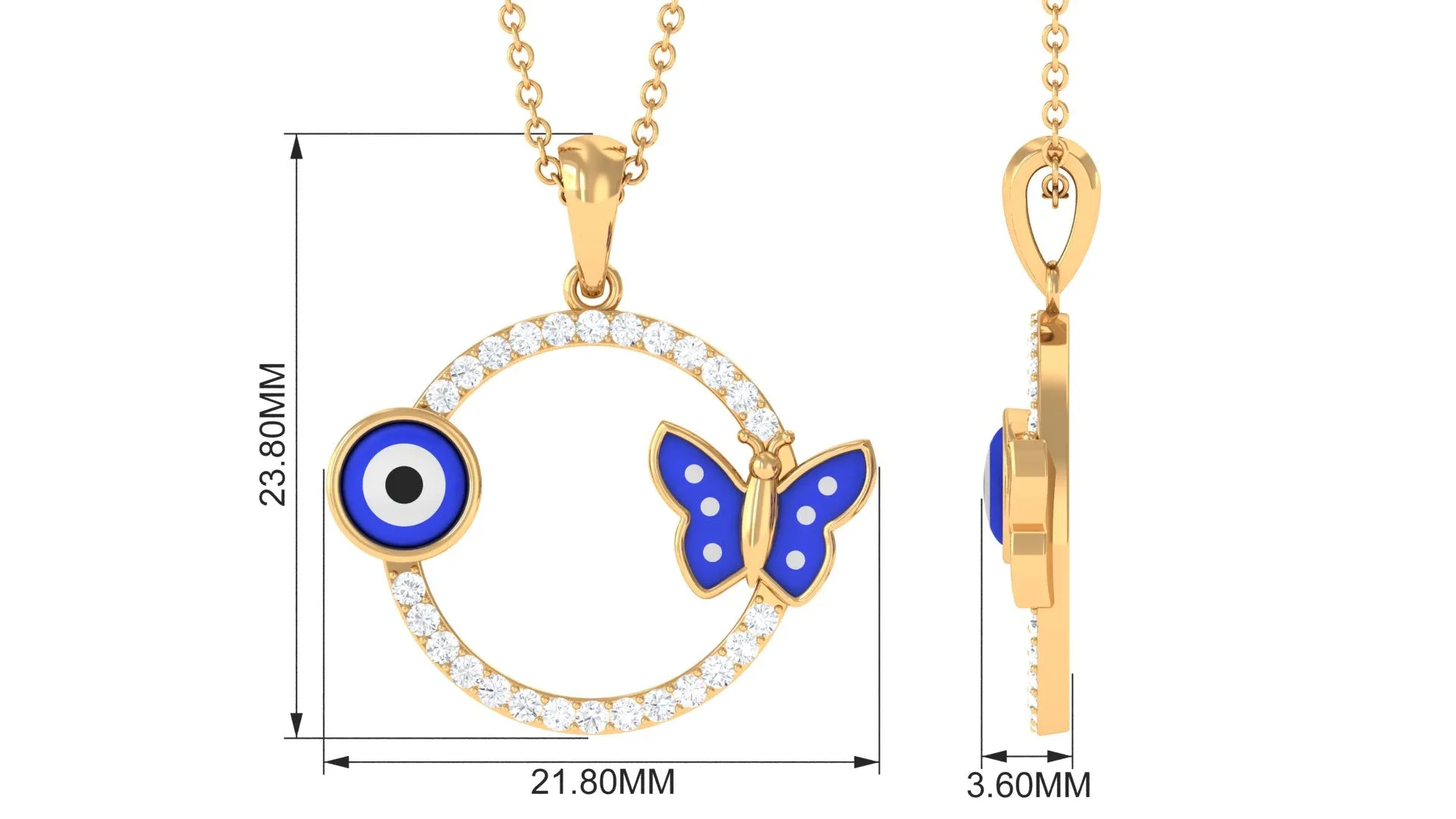 Moissanite Eternity Pendant with Enameled Evil Eye and Butterfly