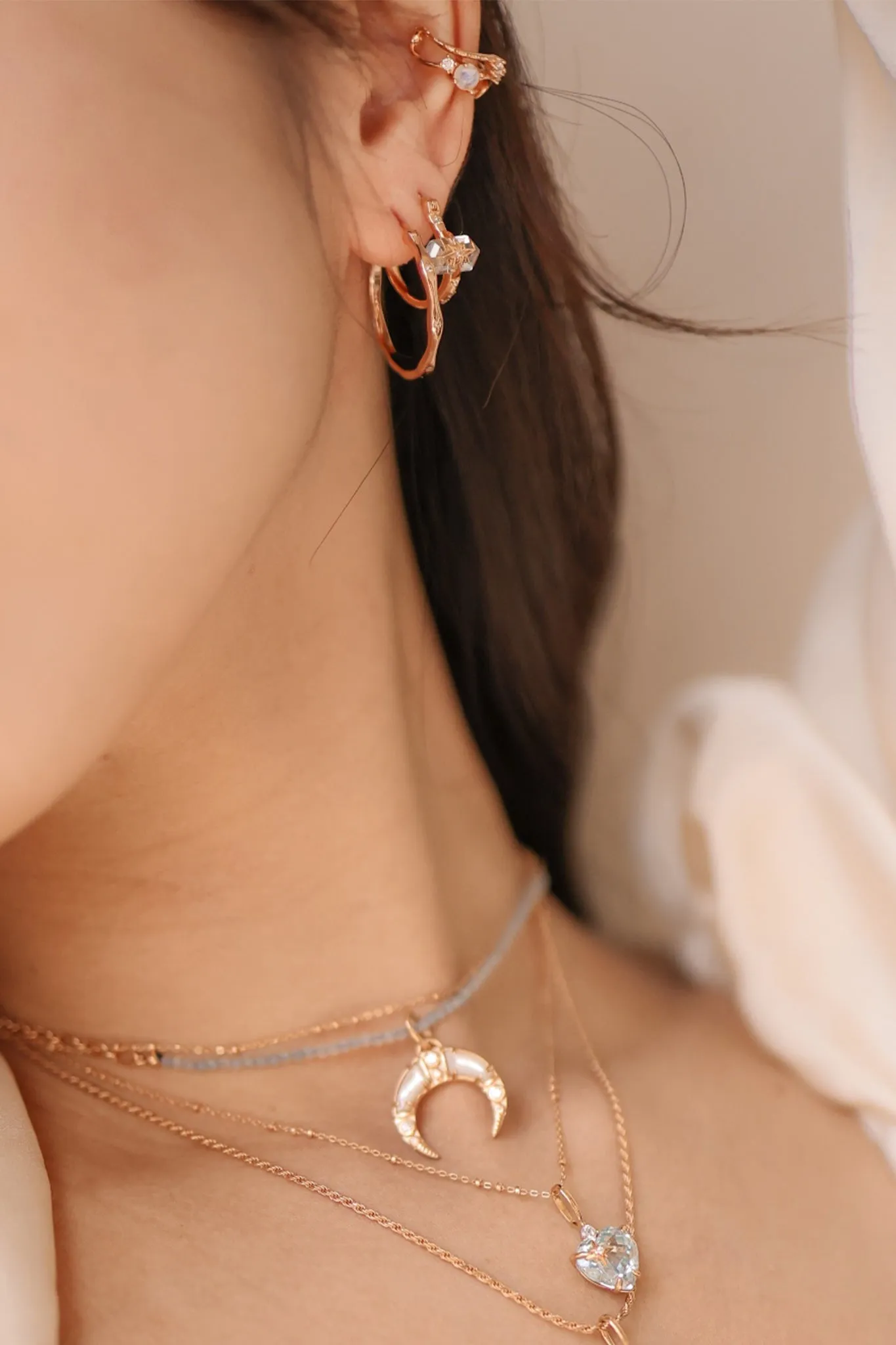 Moonstone Gold Cross Over Ear Cuff - Luna