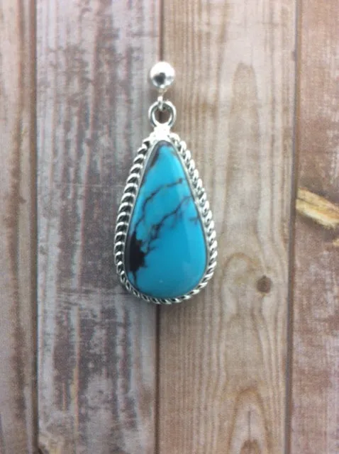 Native American Made Kingman Turquoise and Sterling Silver Teardrop Dangle Post Earrings
