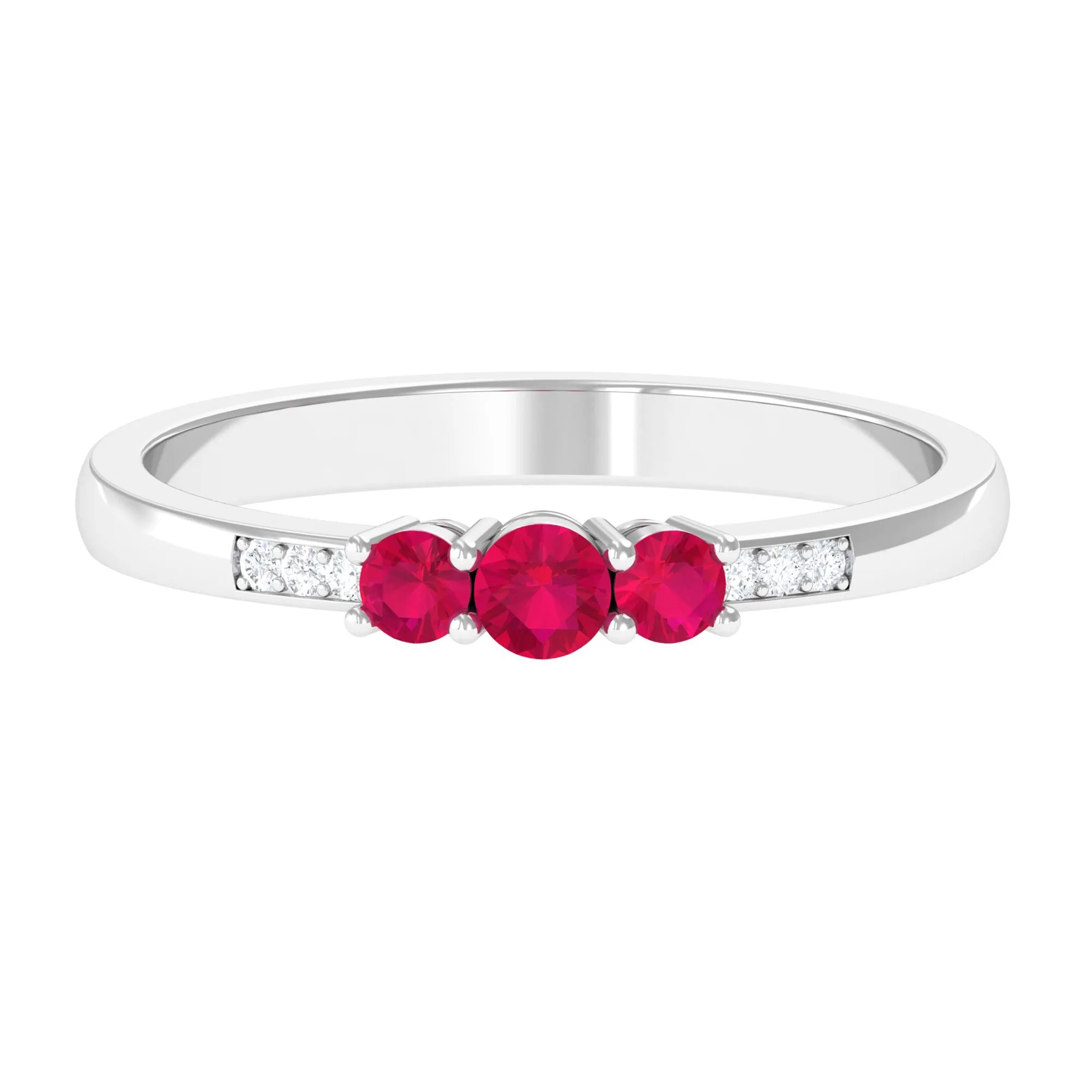 Natural Ruby Three Stone Ring with Diamond Side Stones