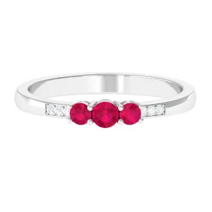 Natural Ruby Three Stone Ring with Diamond Side Stones