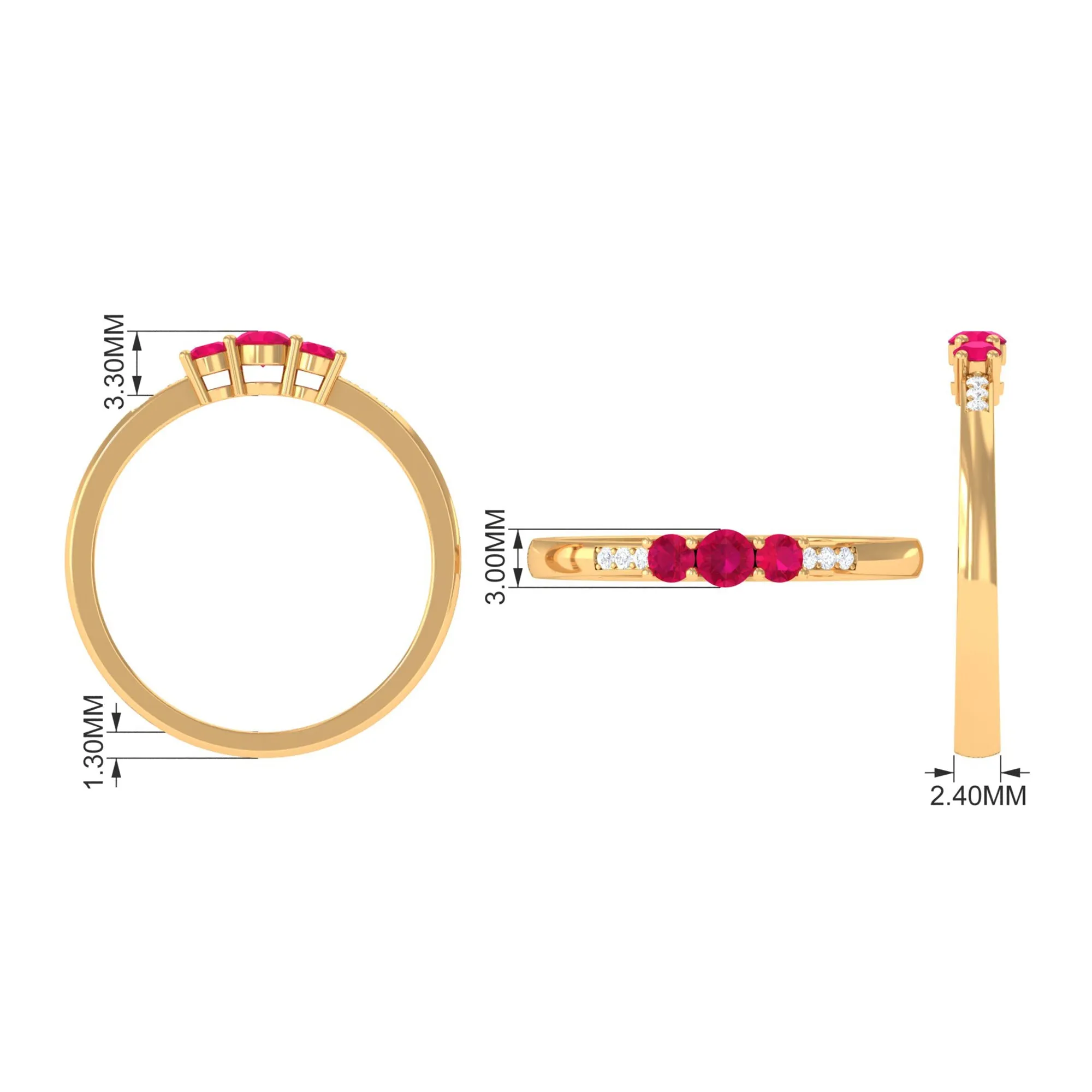 Natural Ruby Three Stone Ring with Diamond Side Stones