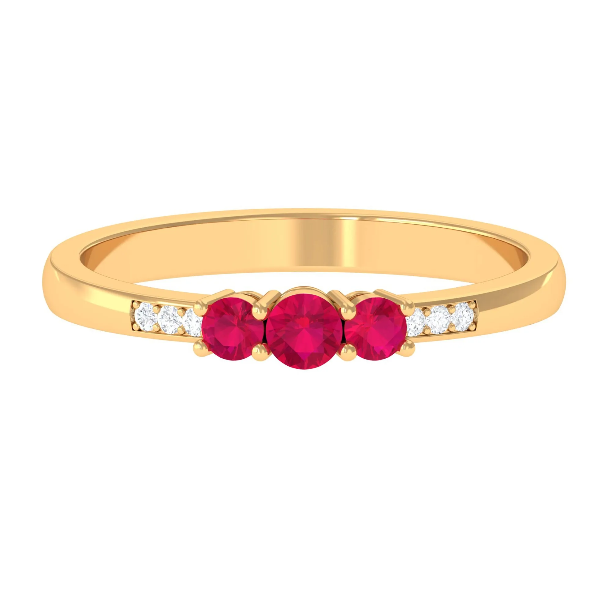 Natural Ruby Three Stone Ring with Diamond Side Stones