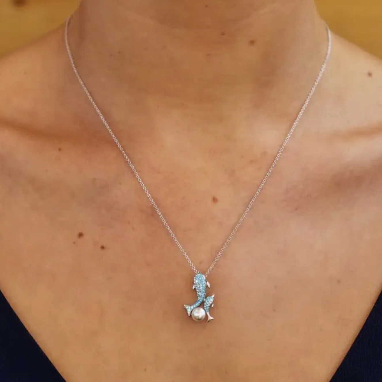 Ocean SS Aqua SW Crystal and Pearl Mother/Baby Dolphin Necklace