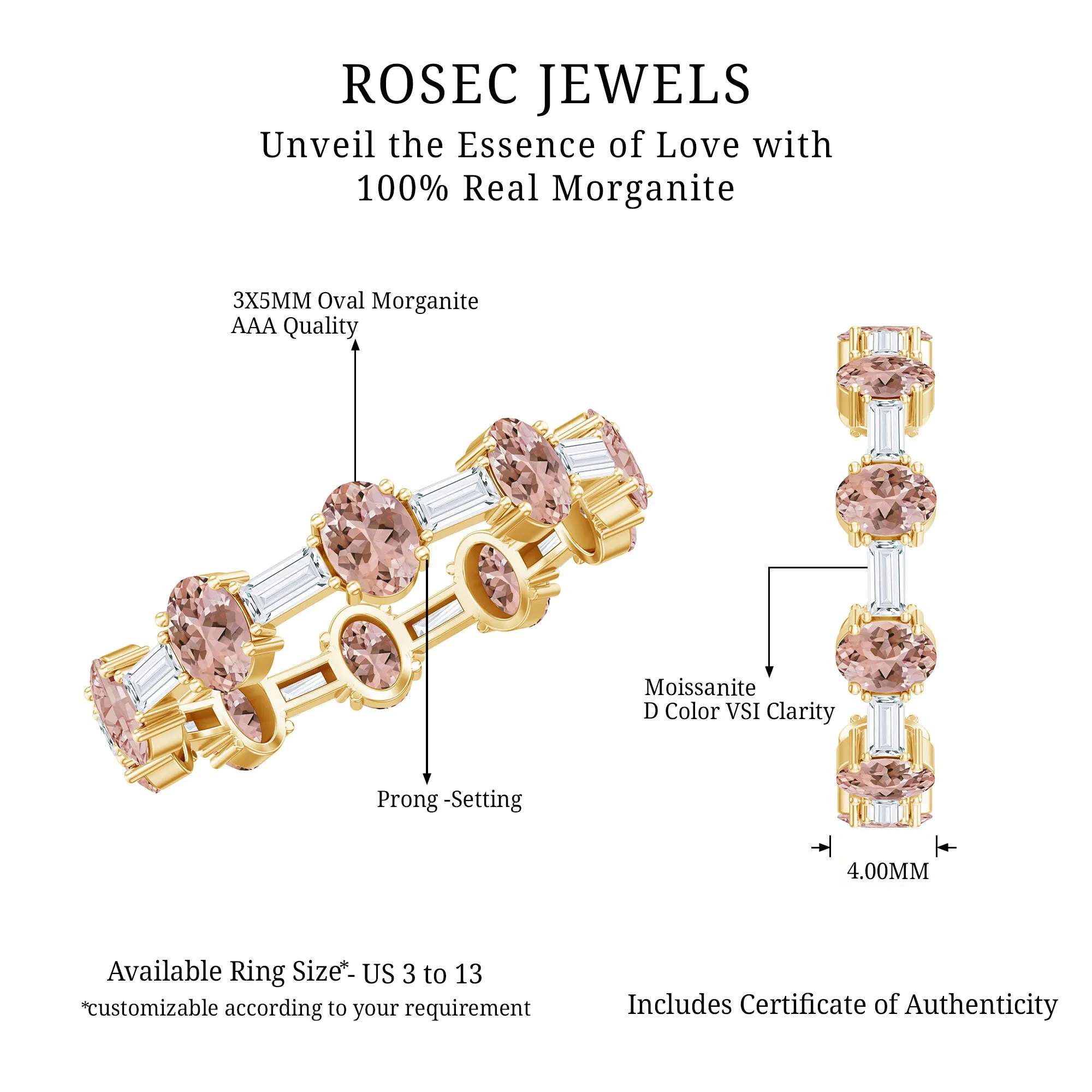 Oval Morganite and Baguette Moissanite Alternate Eternity Band Ring