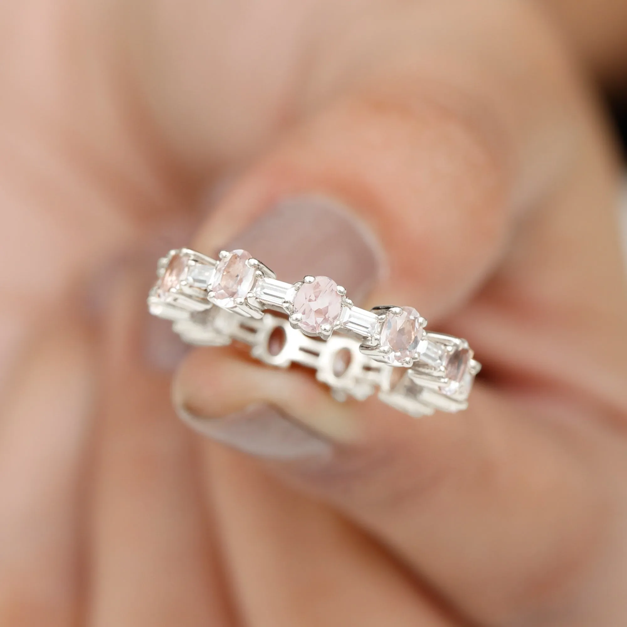 Oval Morganite and Baguette Moissanite Alternate Eternity Band Ring