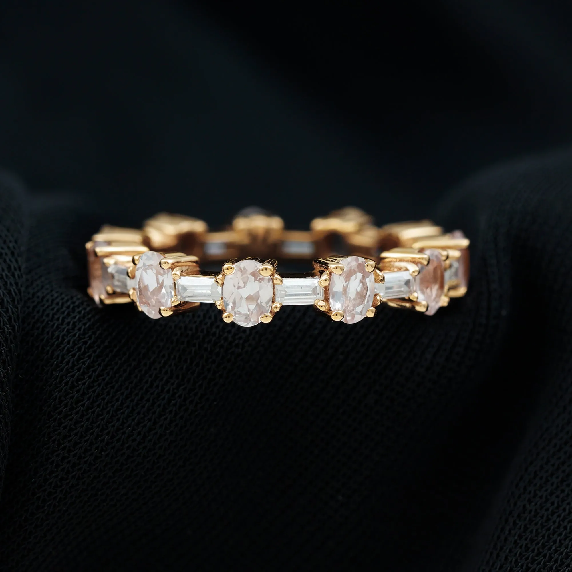 Oval Morganite and Baguette Moissanite Alternate Eternity Band Ring