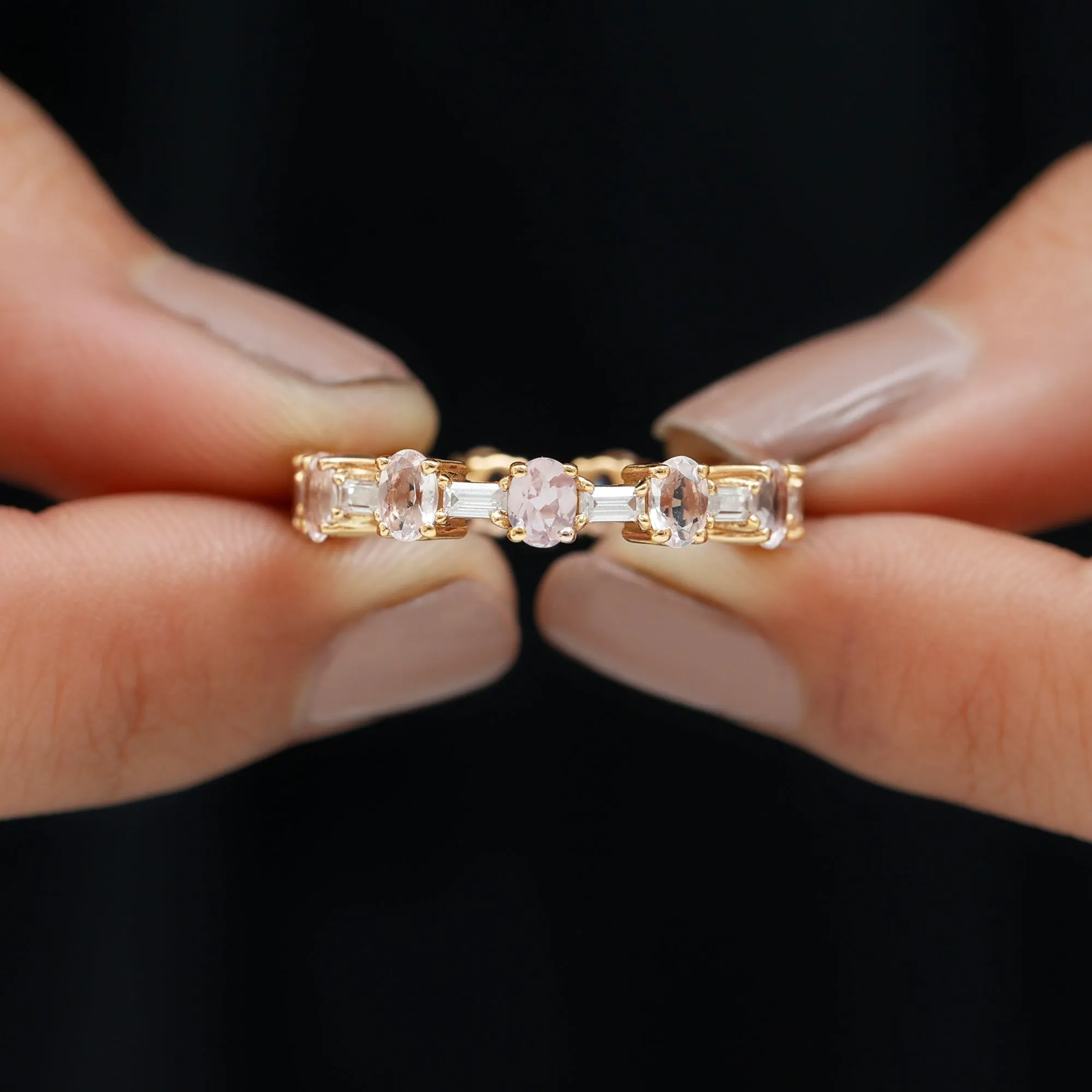 Oval Morganite and Baguette Moissanite Alternate Eternity Band Ring