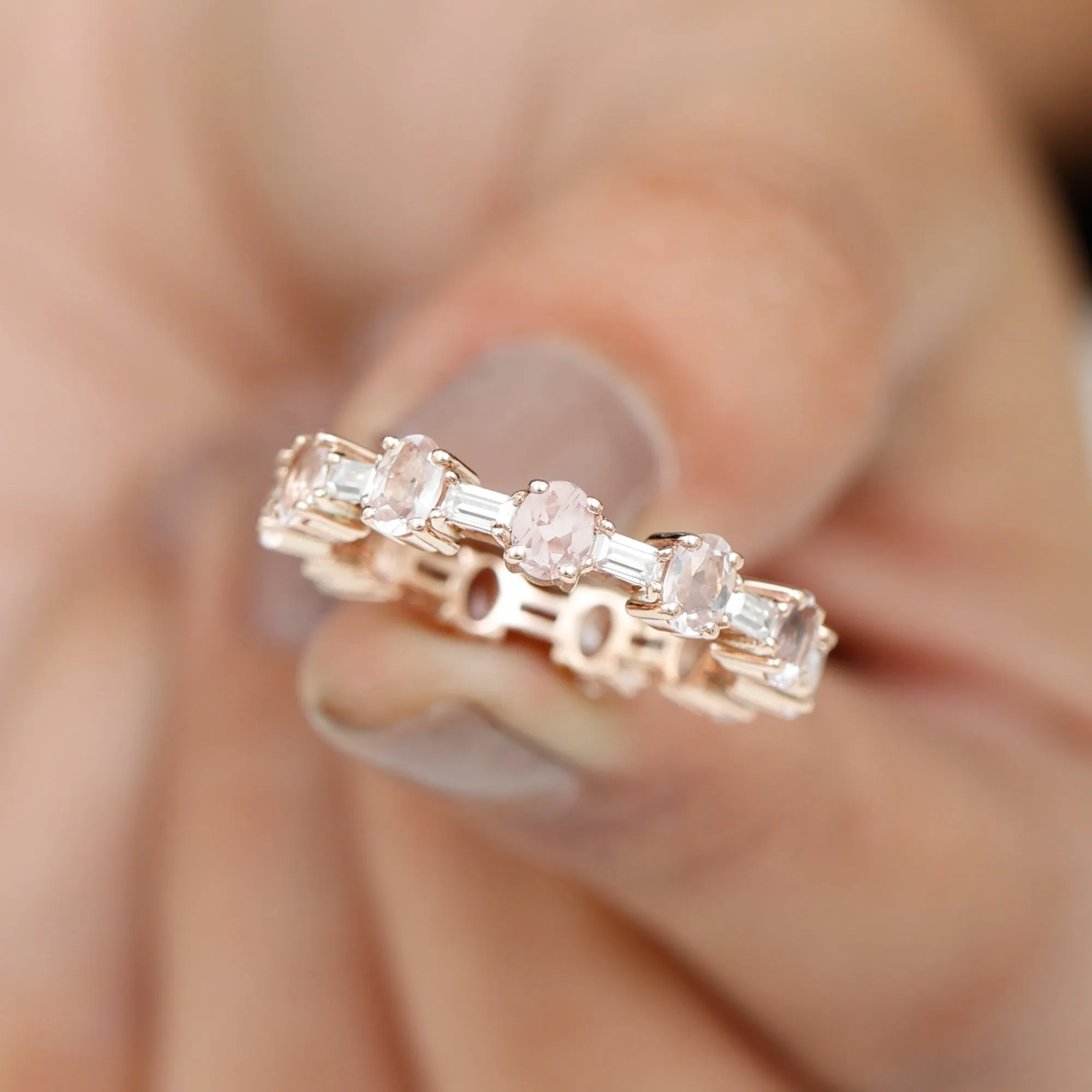 Oval Morganite and Baguette Moissanite Alternate Eternity Band Ring