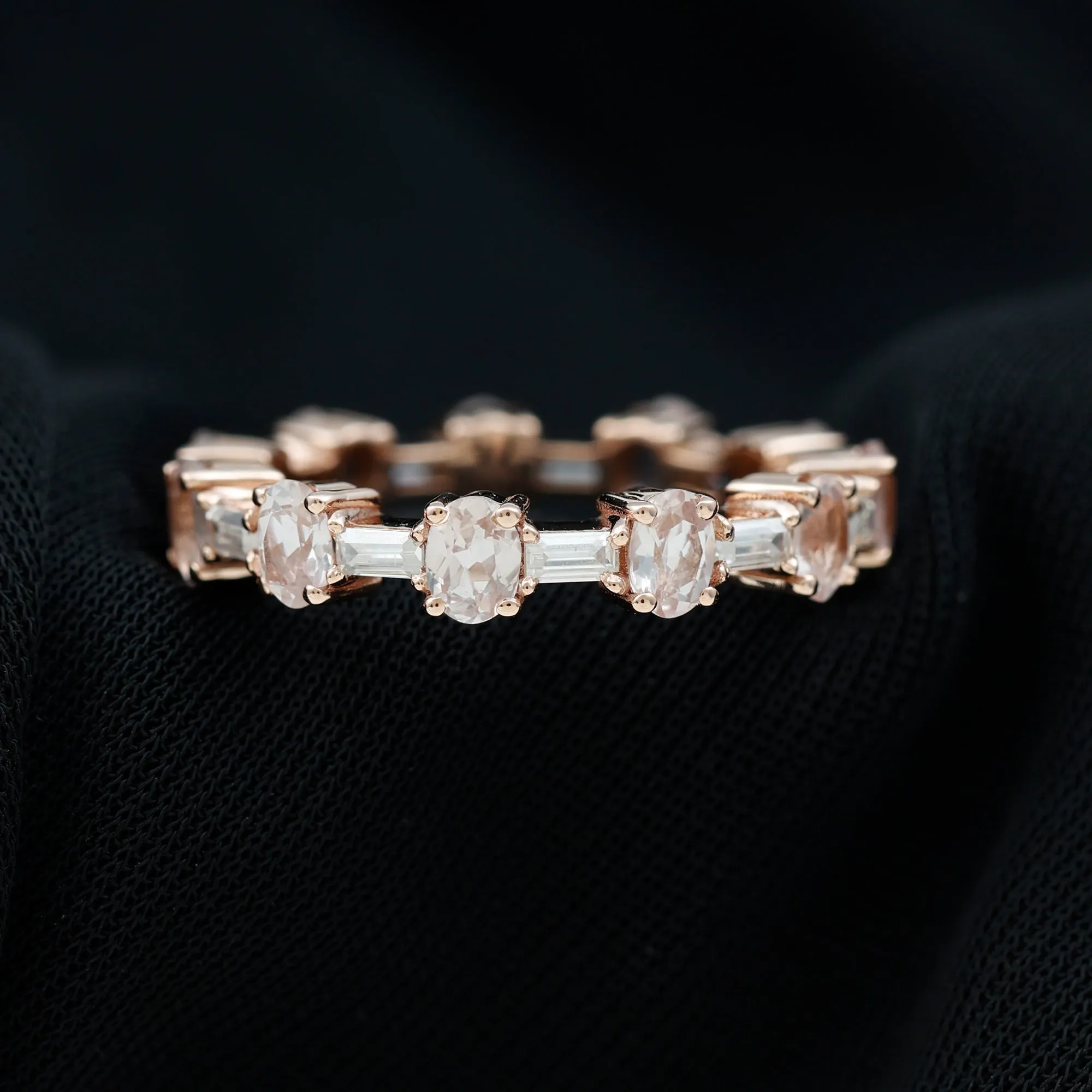 Oval Morganite and Baguette Moissanite Alternate Eternity Band Ring