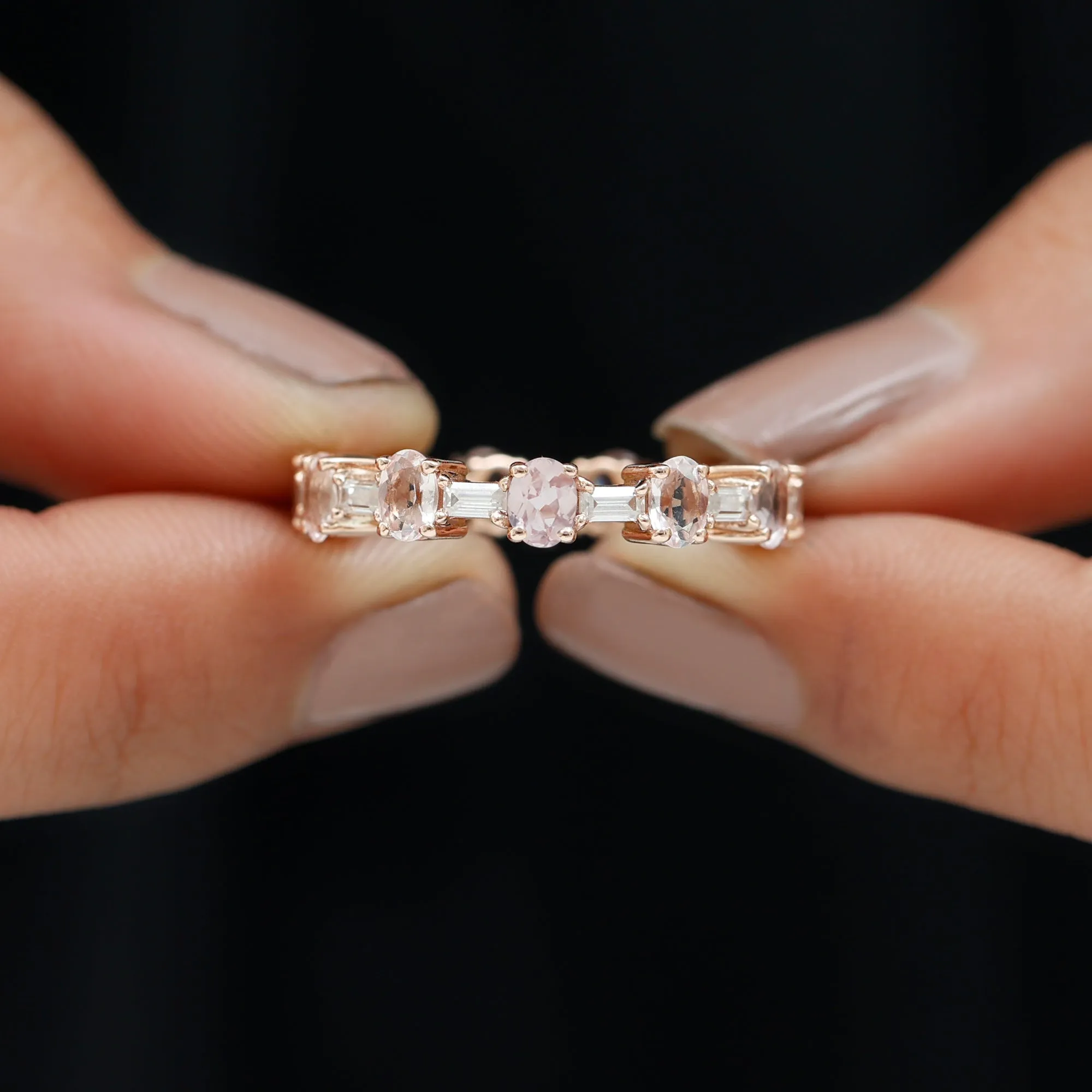Oval Morganite and Baguette Moissanite Alternate Eternity Band Ring
