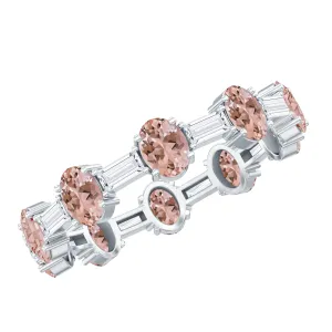 Oval Morganite and Baguette Moissanite Alternate Eternity Band Ring