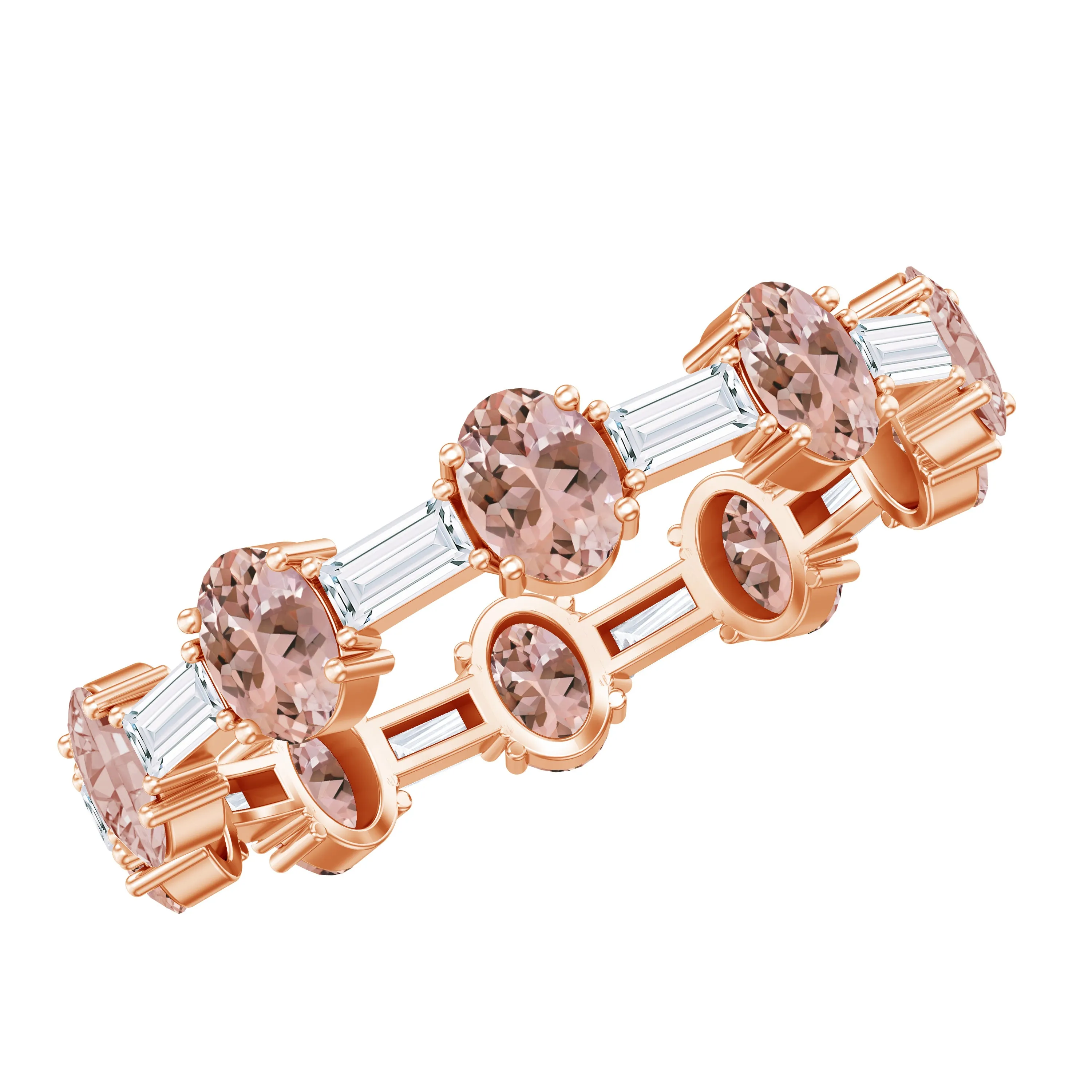 Oval Morganite and Baguette Moissanite Alternate Eternity Band Ring