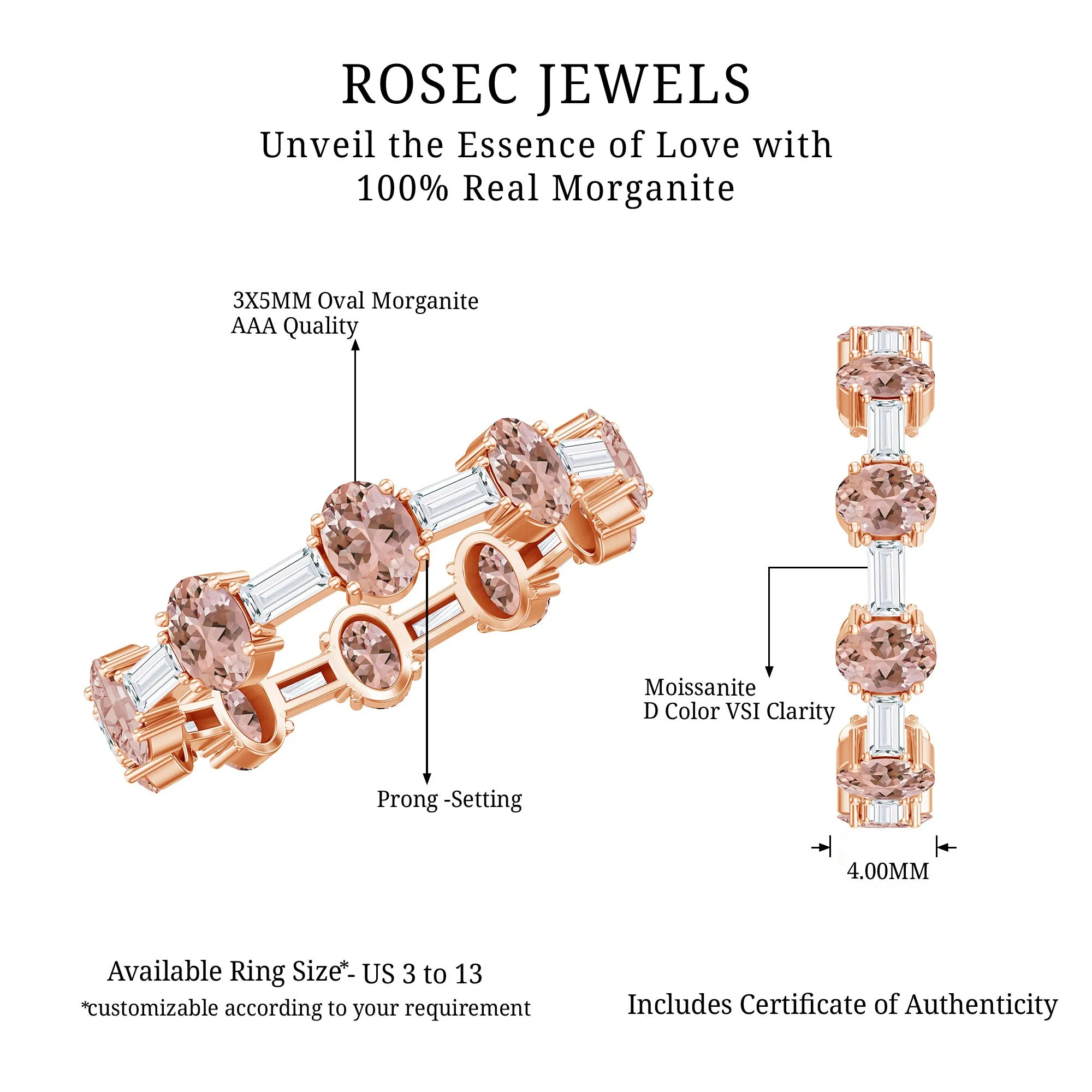 Oval Morganite and Baguette Moissanite Alternate Eternity Band Ring