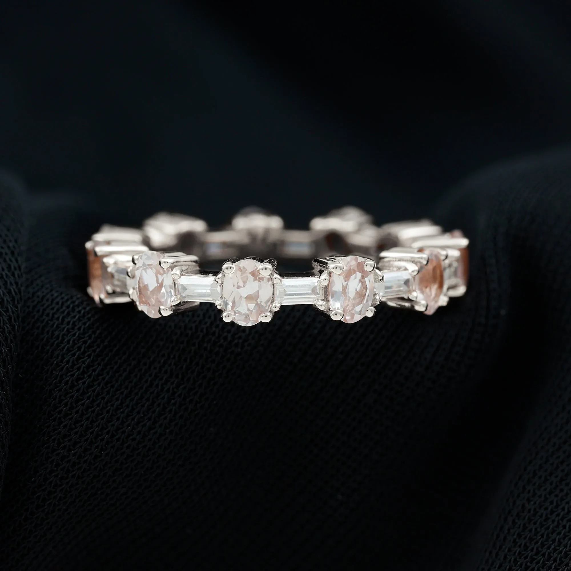 Oval Morganite and Baguette Moissanite Alternate Eternity Band Ring