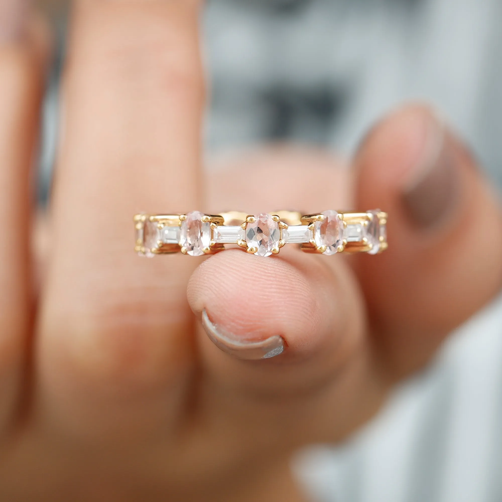 Oval Morganite and Baguette Moissanite Alternate Eternity Band Ring
