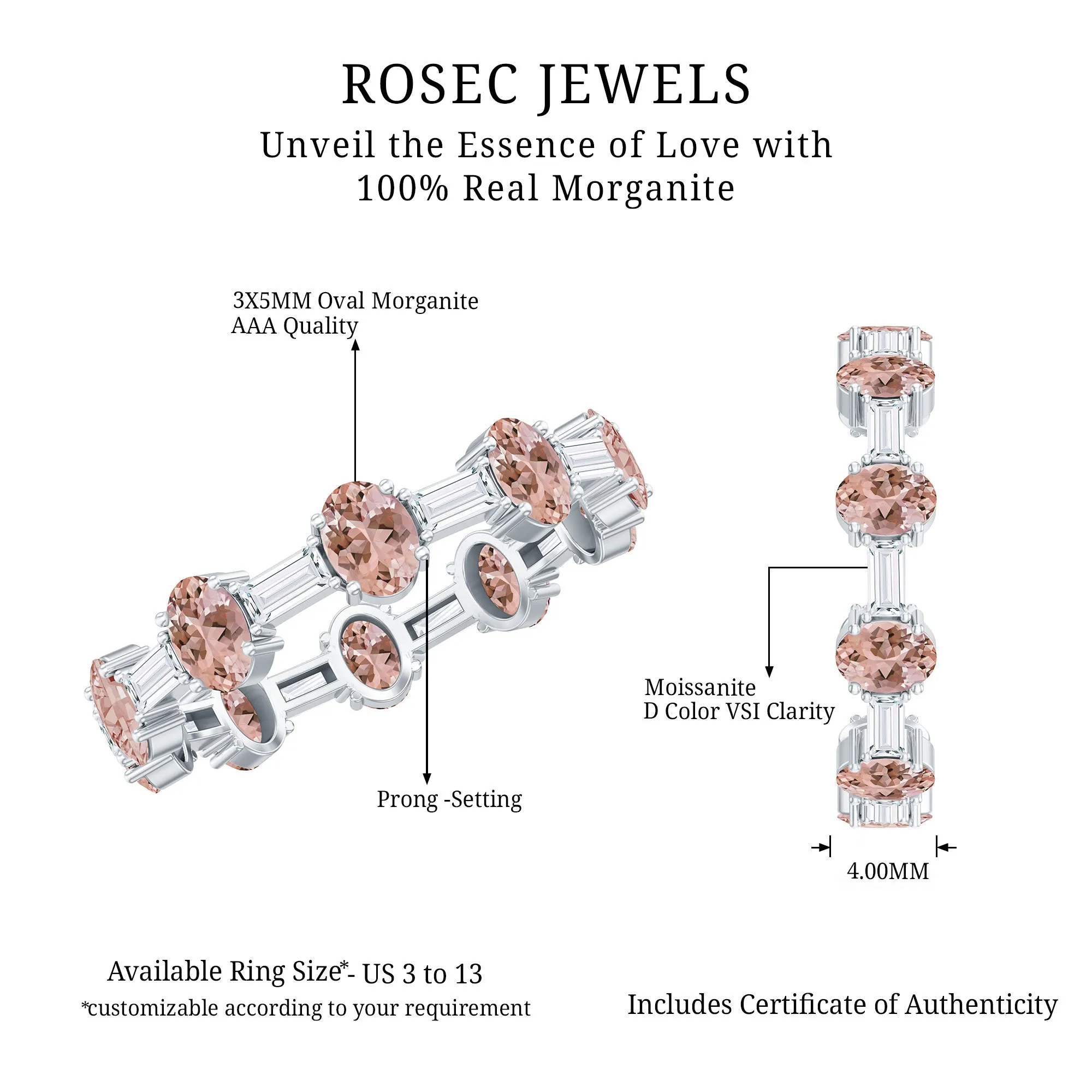 Oval Morganite and Baguette Moissanite Alternate Eternity Band Ring
