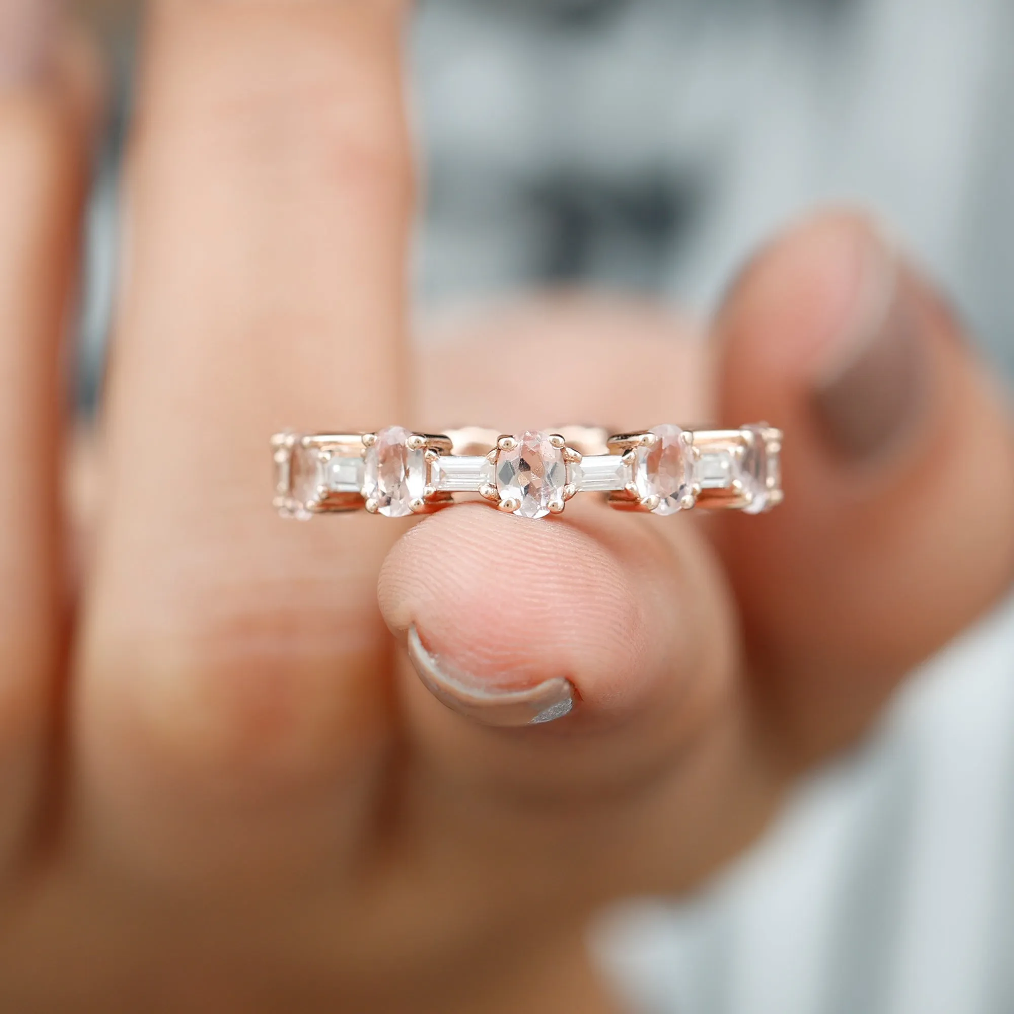 Oval Morganite and Baguette Moissanite Alternate Eternity Band Ring