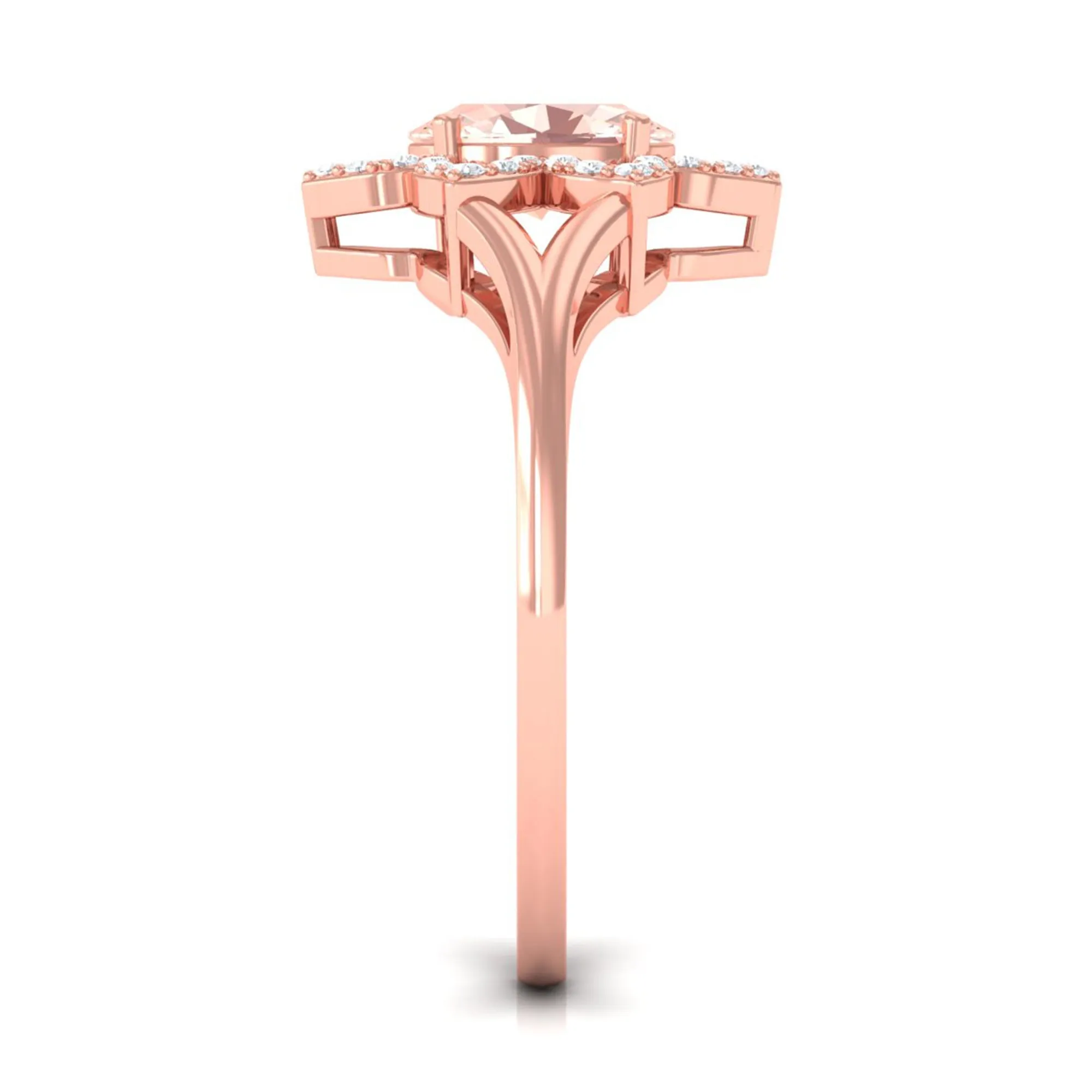 Oval Morganite and Diamond Flower Engagement Ring in Split Shank