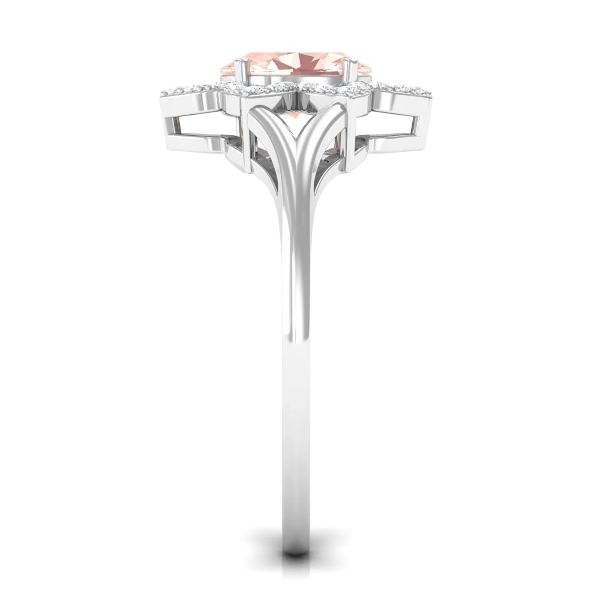 Oval Morganite and Diamond Flower Engagement Ring in Split Shank
