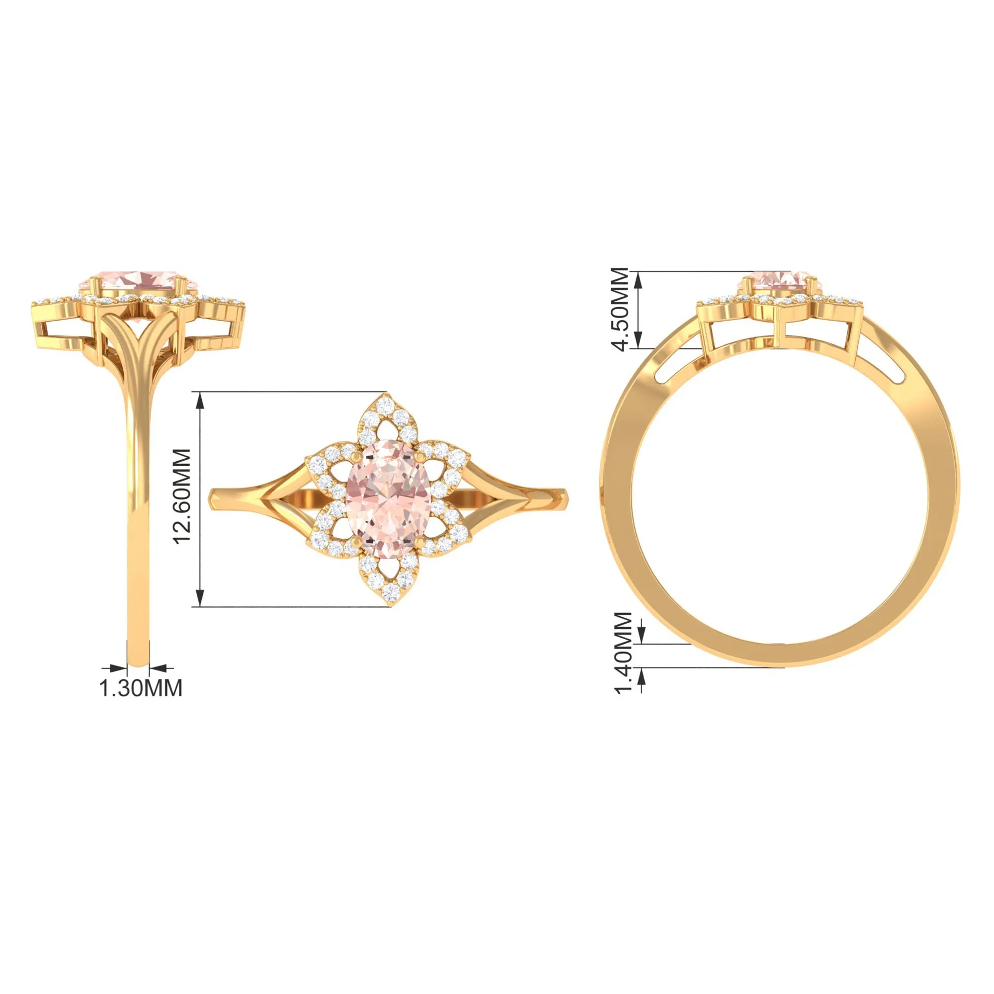 Oval Morganite and Diamond Flower Engagement Ring in Split Shank