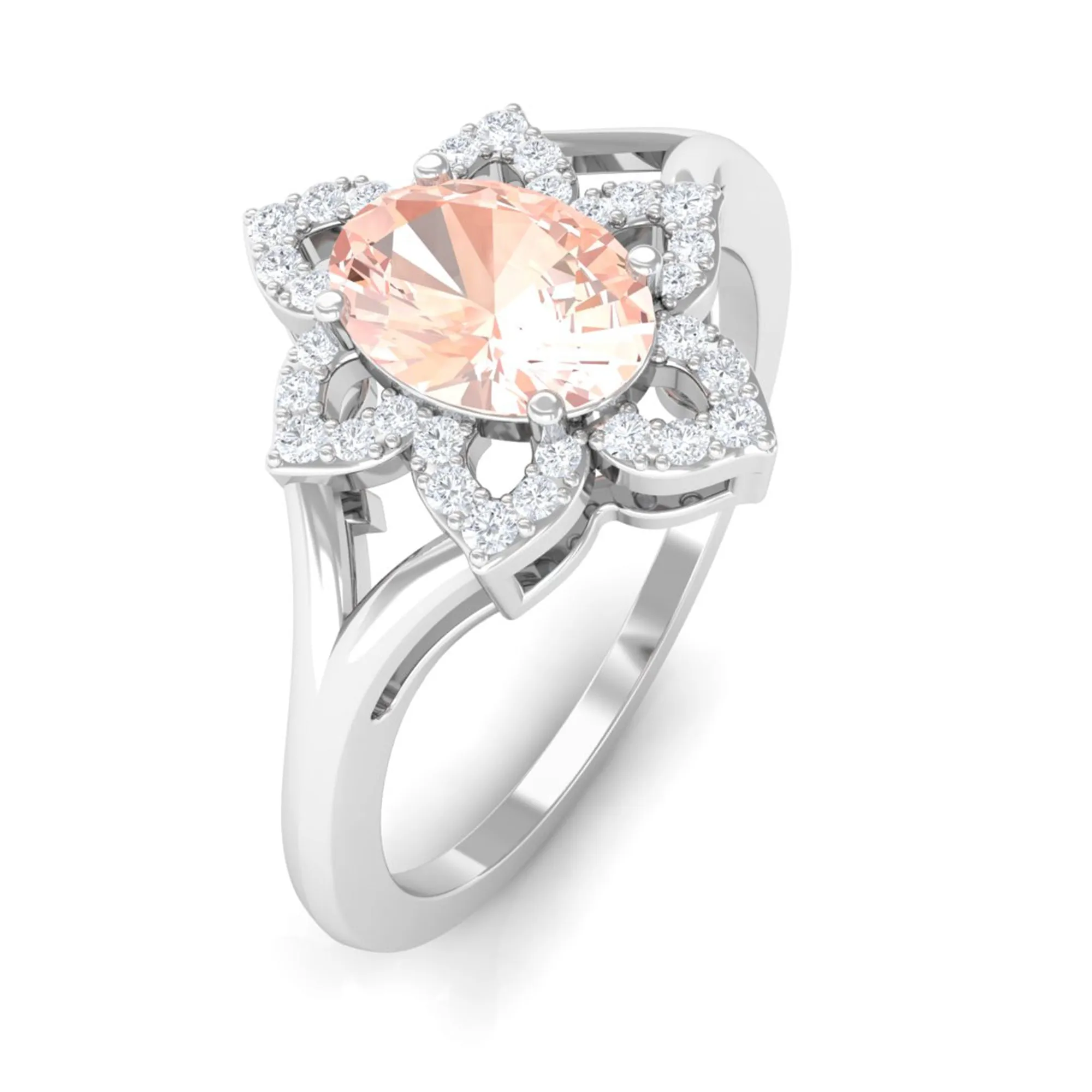 Oval Morganite and Diamond Flower Engagement Ring in Split Shank