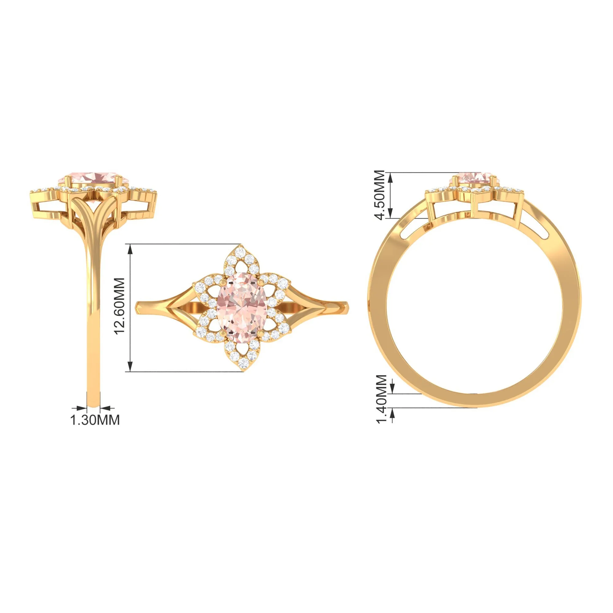 Oval Morganite and Diamond Flower Engagement Ring in Split Shank