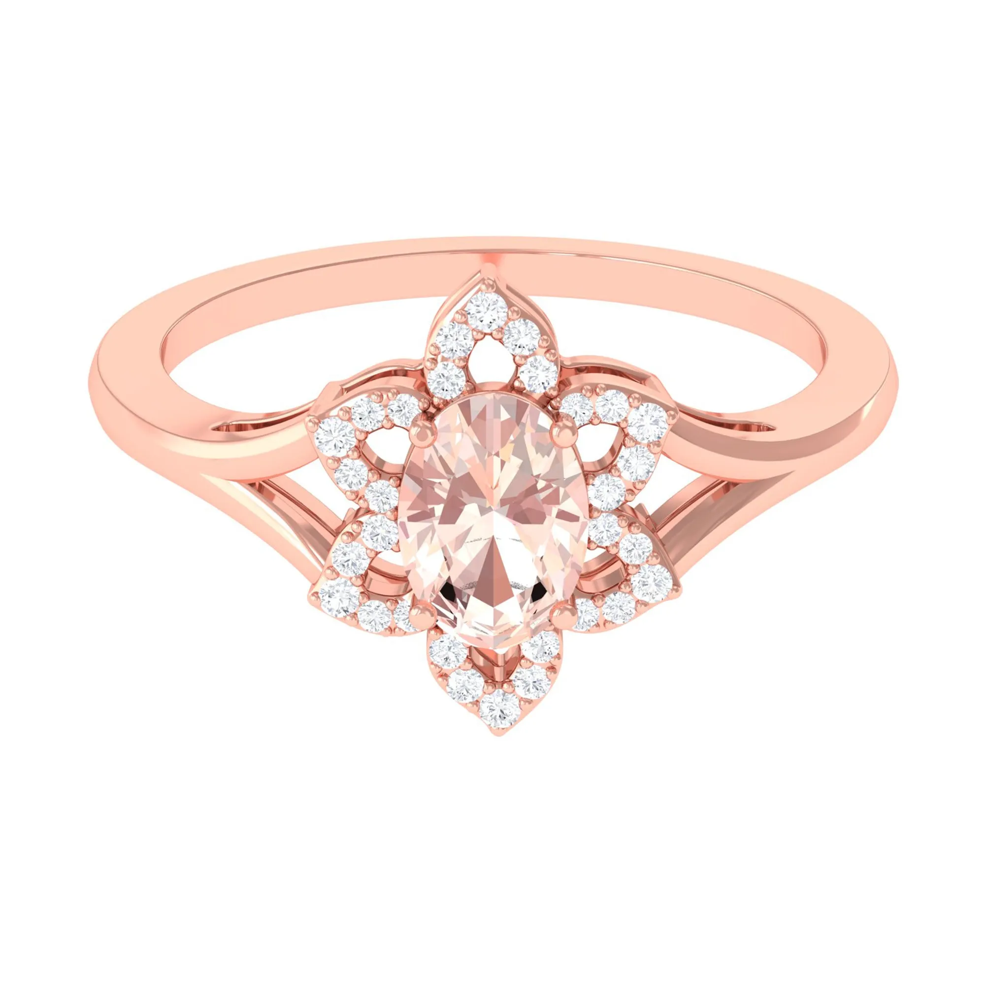 Oval Morganite and Diamond Flower Engagement Ring in Split Shank