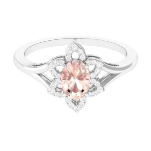 Oval Morganite and Diamond Flower Engagement Ring in Split Shank