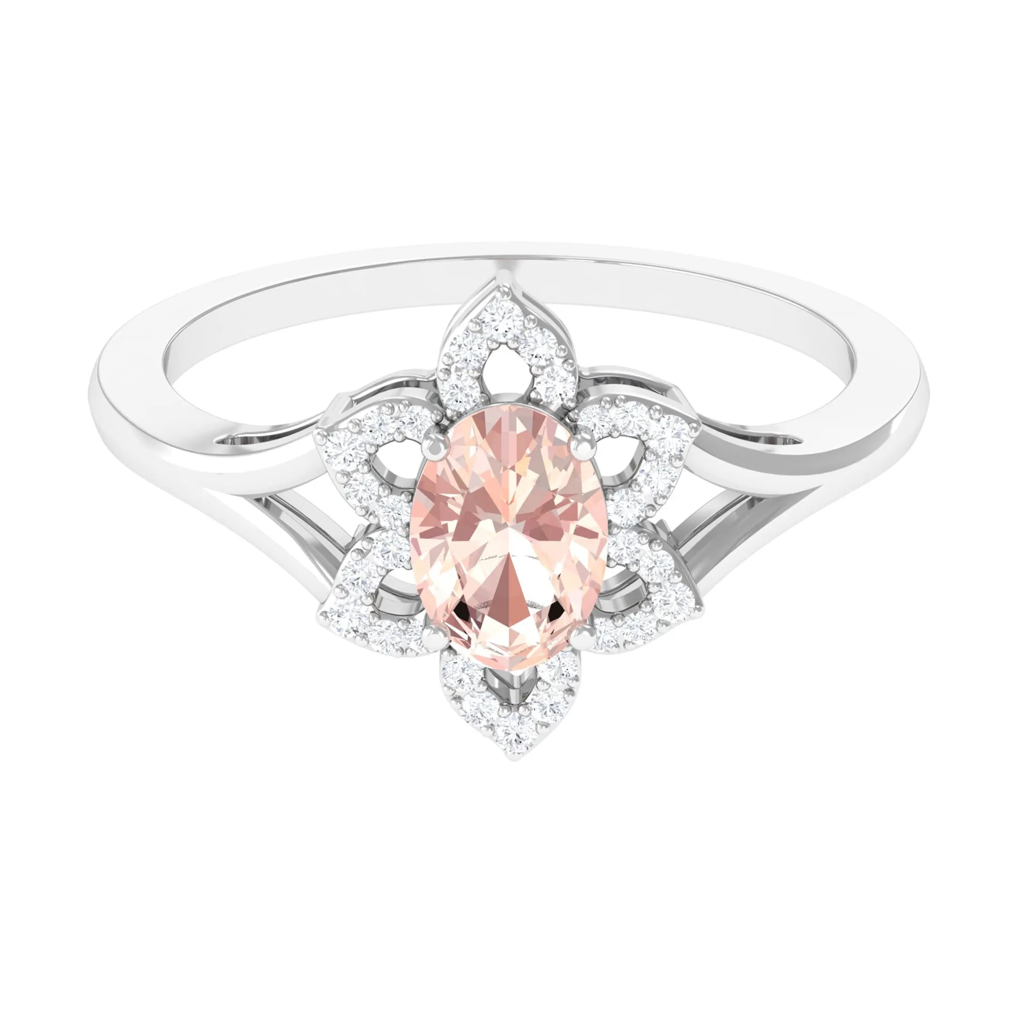 Oval Morganite and Diamond Flower Engagement Ring in Split Shank